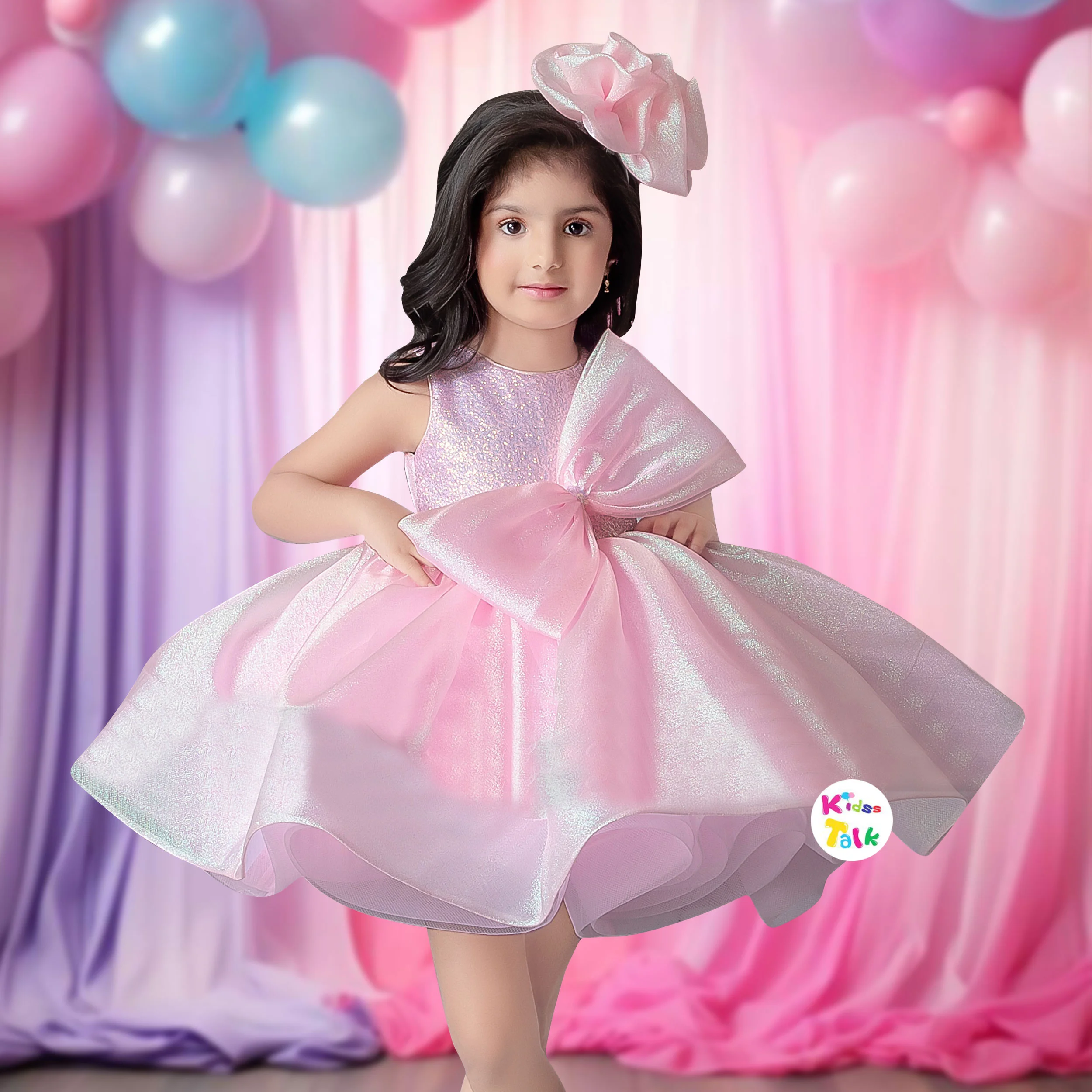 Shimmer Sleeveless Party Frock With Bow Applique - Baby Pink