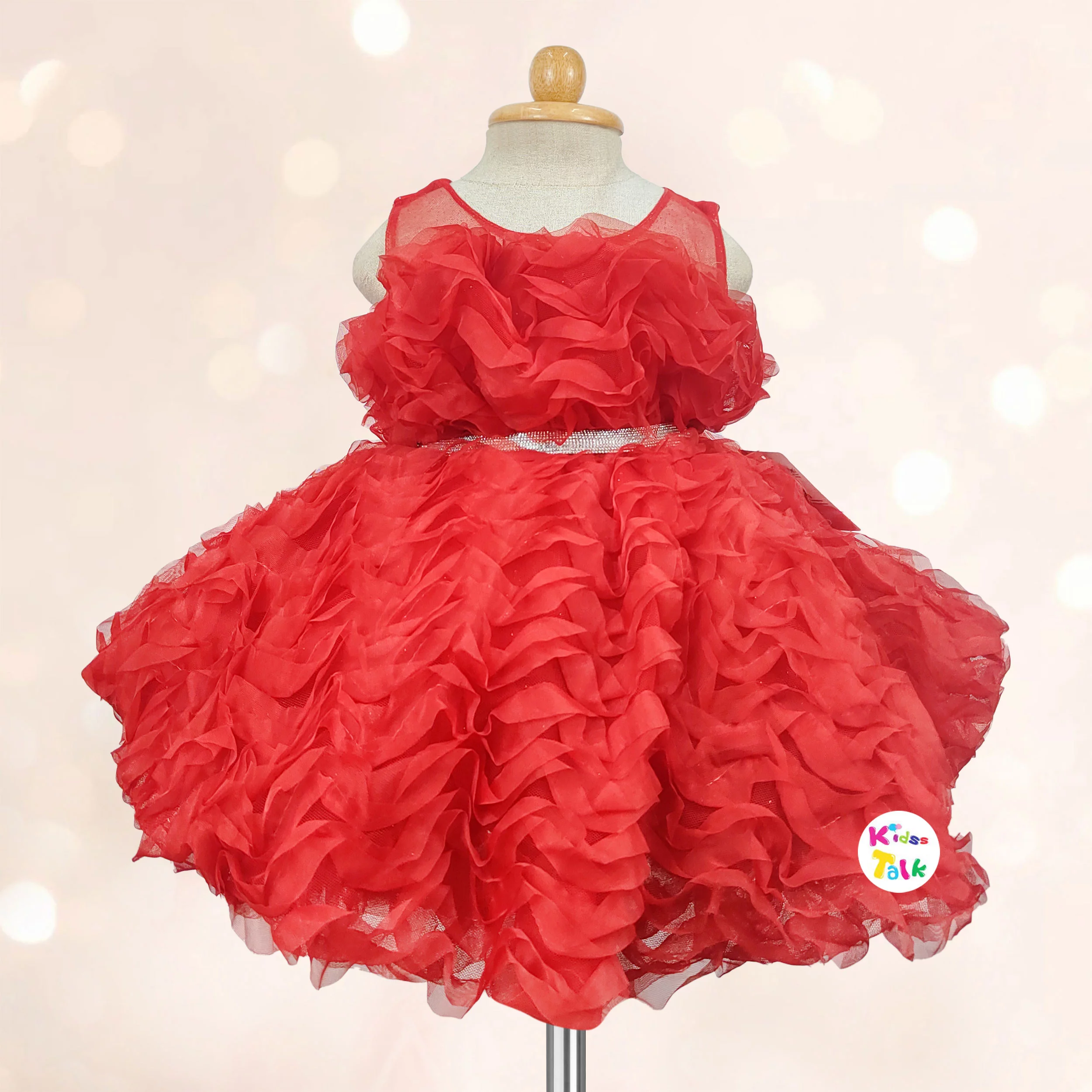 Net Sleeveless Party Frock With Flower Applique - Red