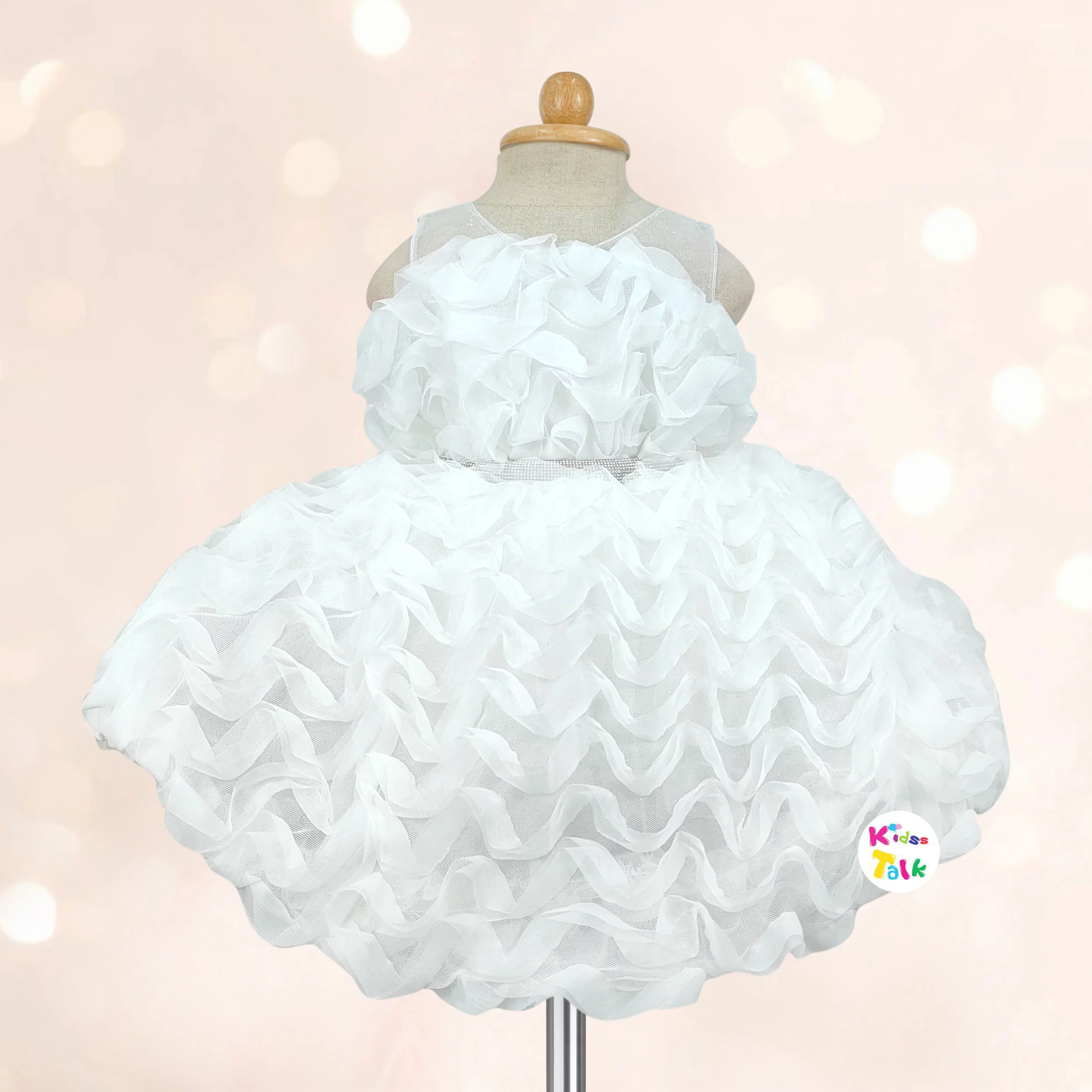 Net Sleeveless Party Frock With Flower Applique - White