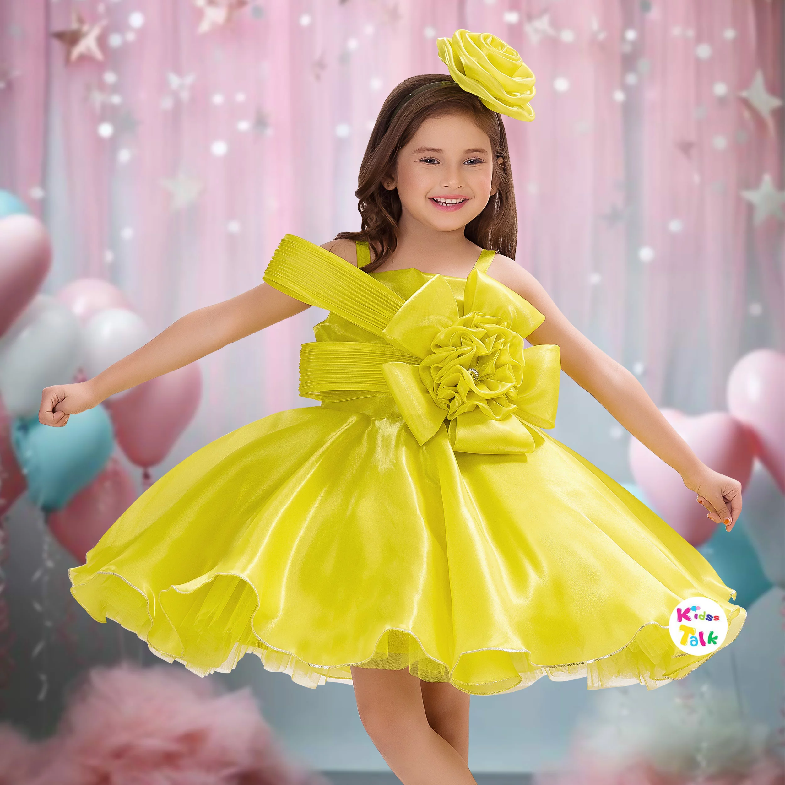 Satin Sleeveless Fluffy Party Frock With Flower Applique - Green