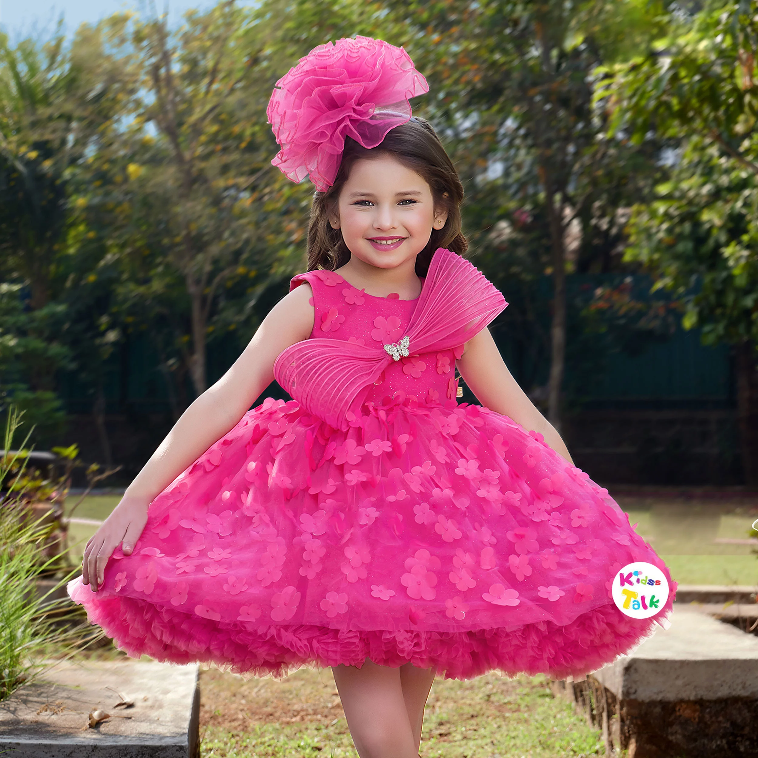Net Sleeveless Fluffy Party Frock With Flower Applique - Hot Pink