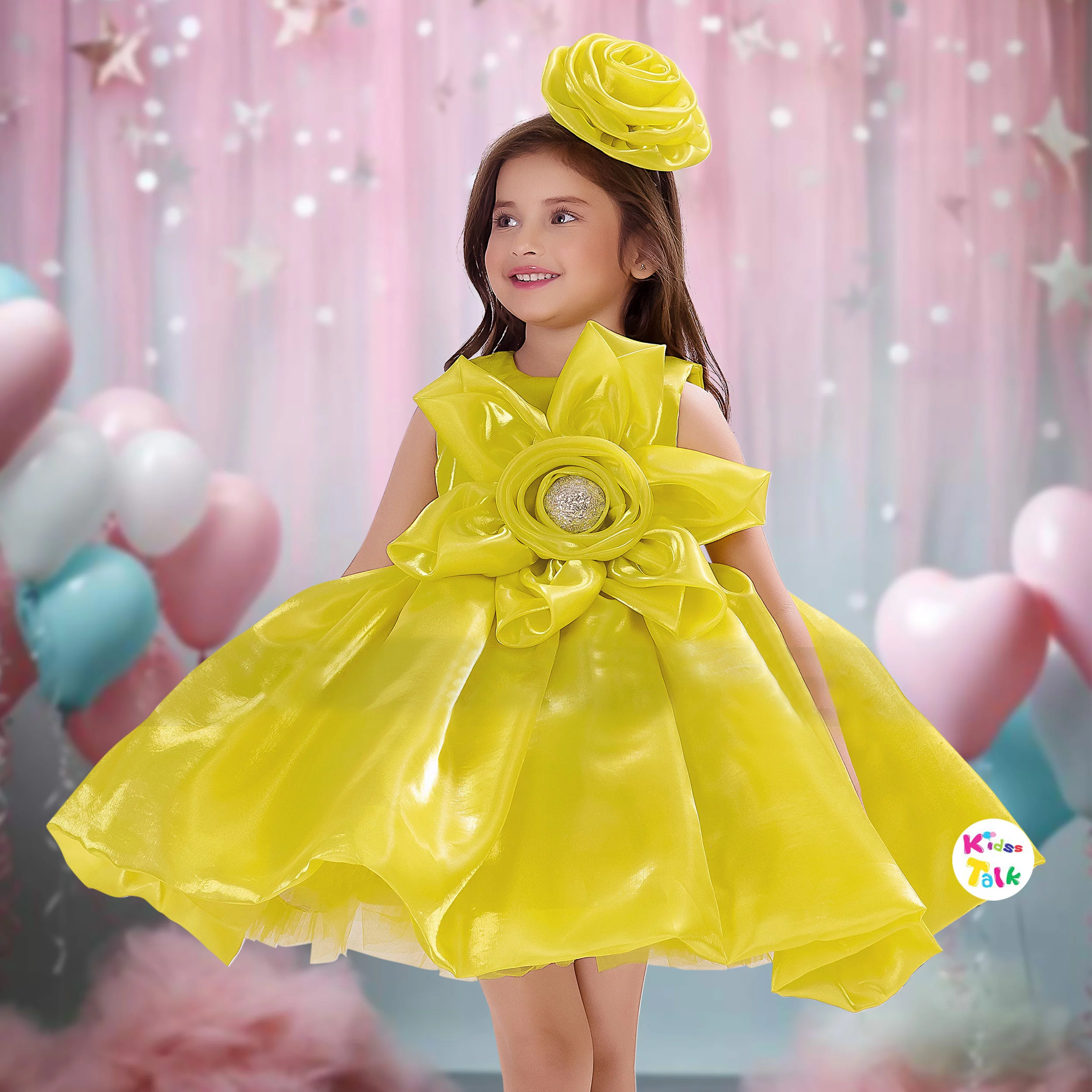 Satin Sleeveless Party Frock With Flower Applique - Mustard