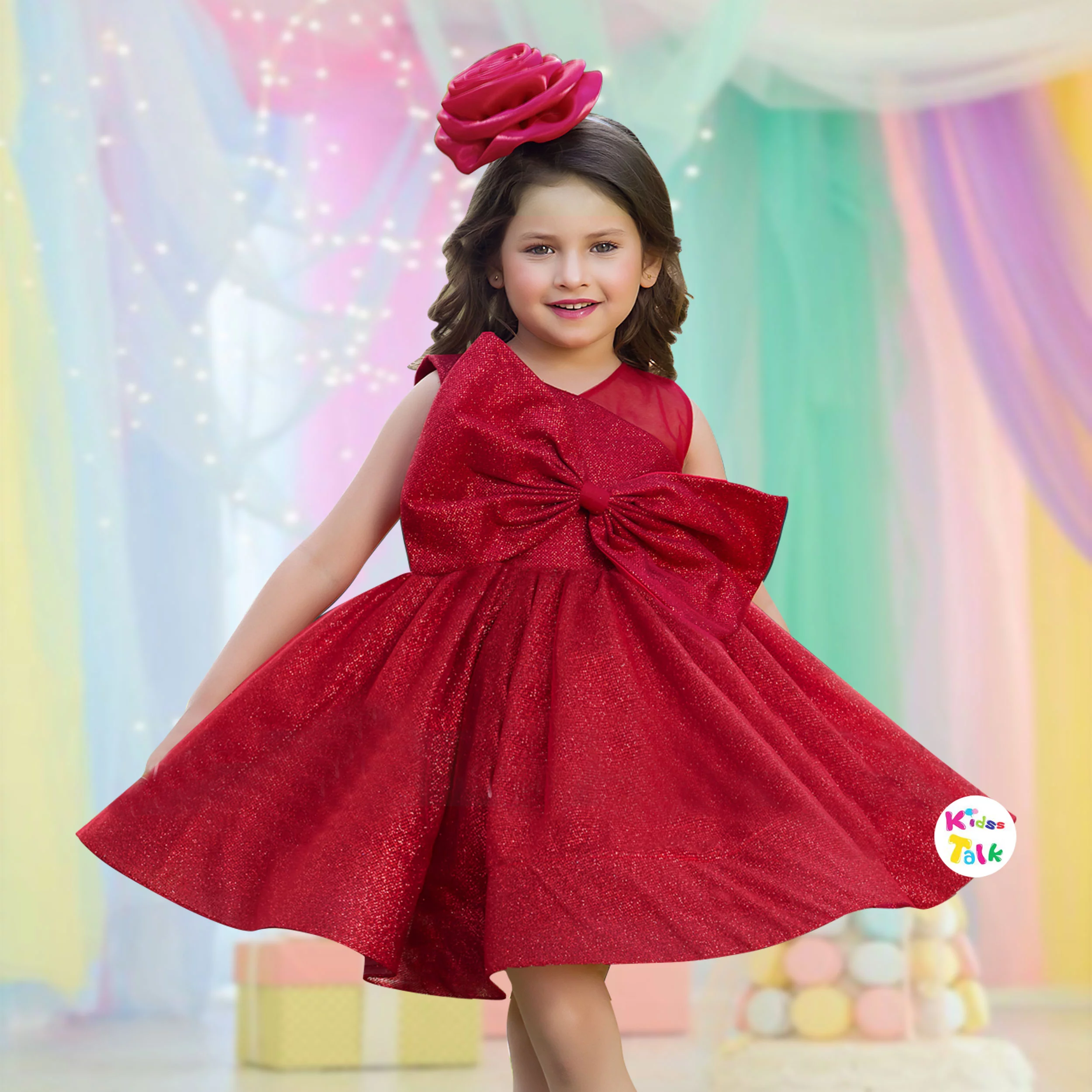 Shimmer Sleeveless Party Frock With Bow Applique - Red