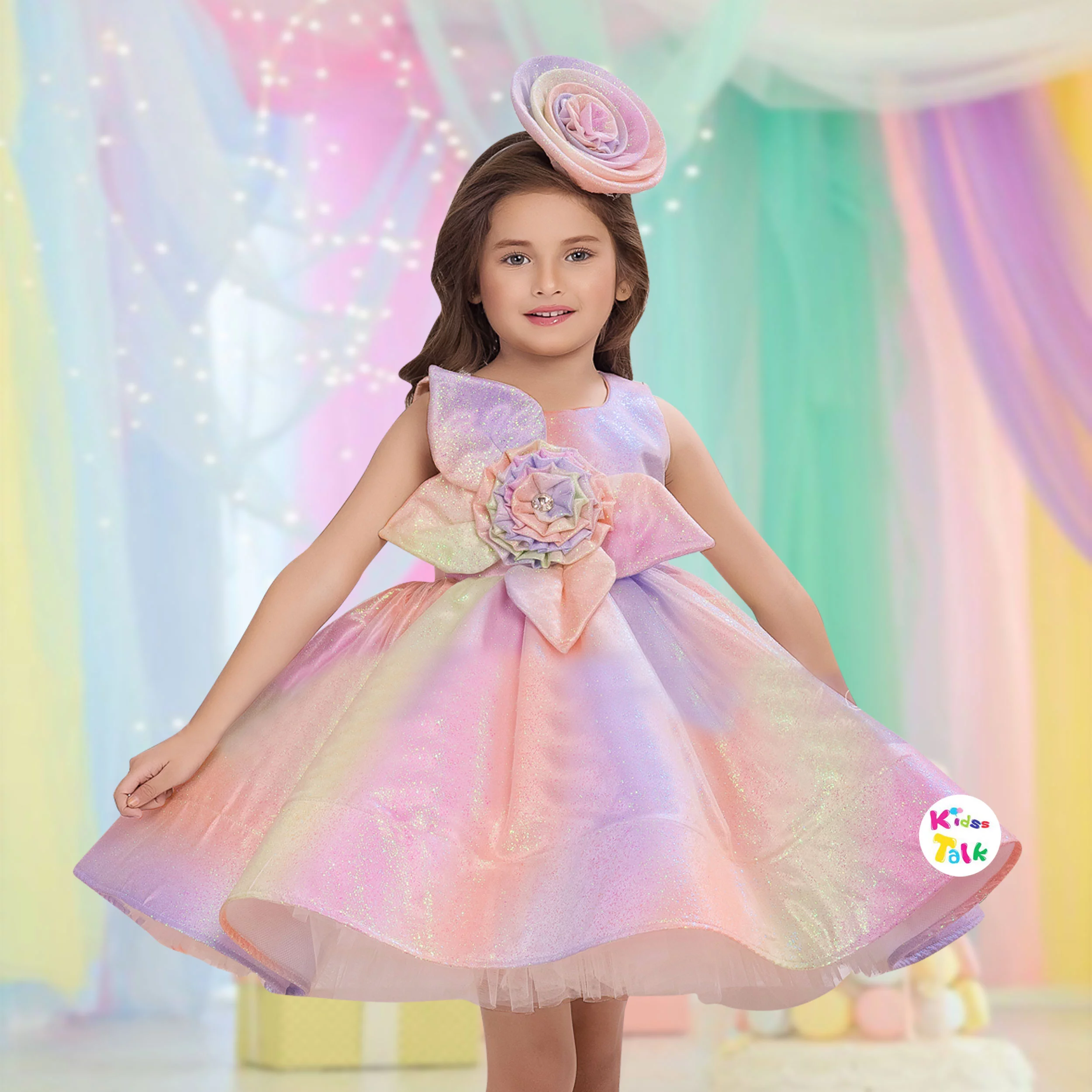 Shimmer Sleeveless Party Frock With Flower Applique - Multicolour