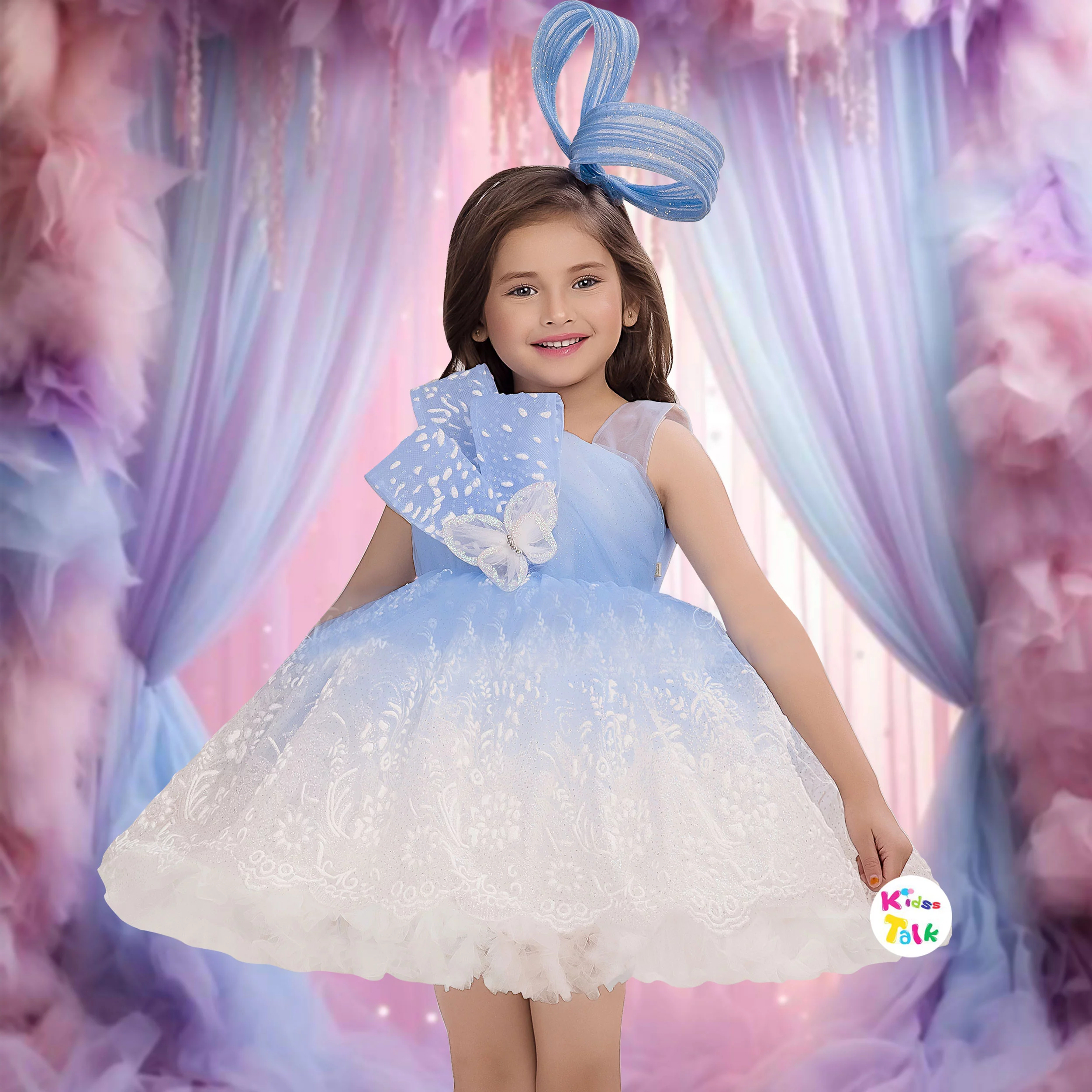 Net Sleeveless Party Frock With Bow Applique- Ice Blue