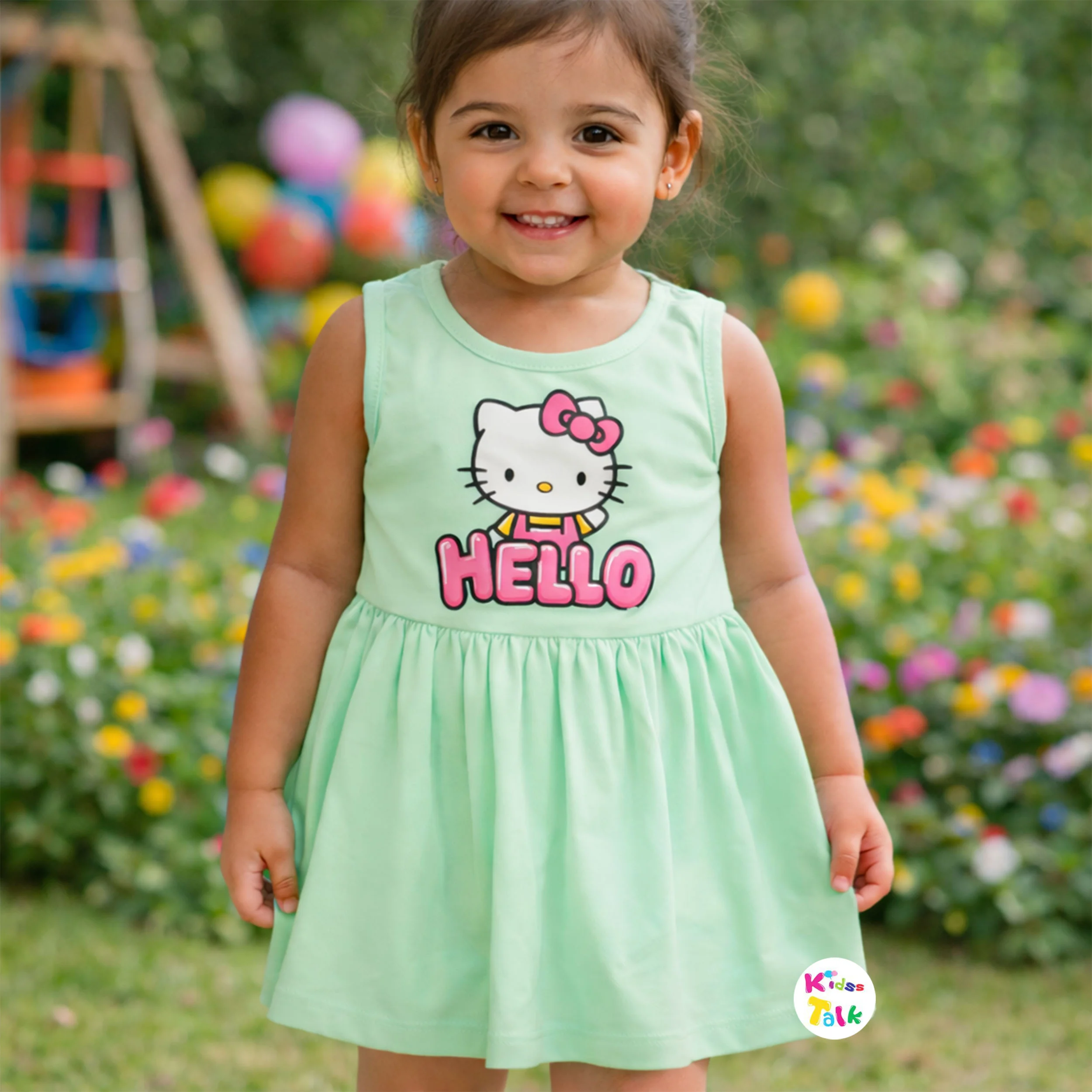 Cotton Knitted Sleeveless Cute Printed Frock - Mint Green