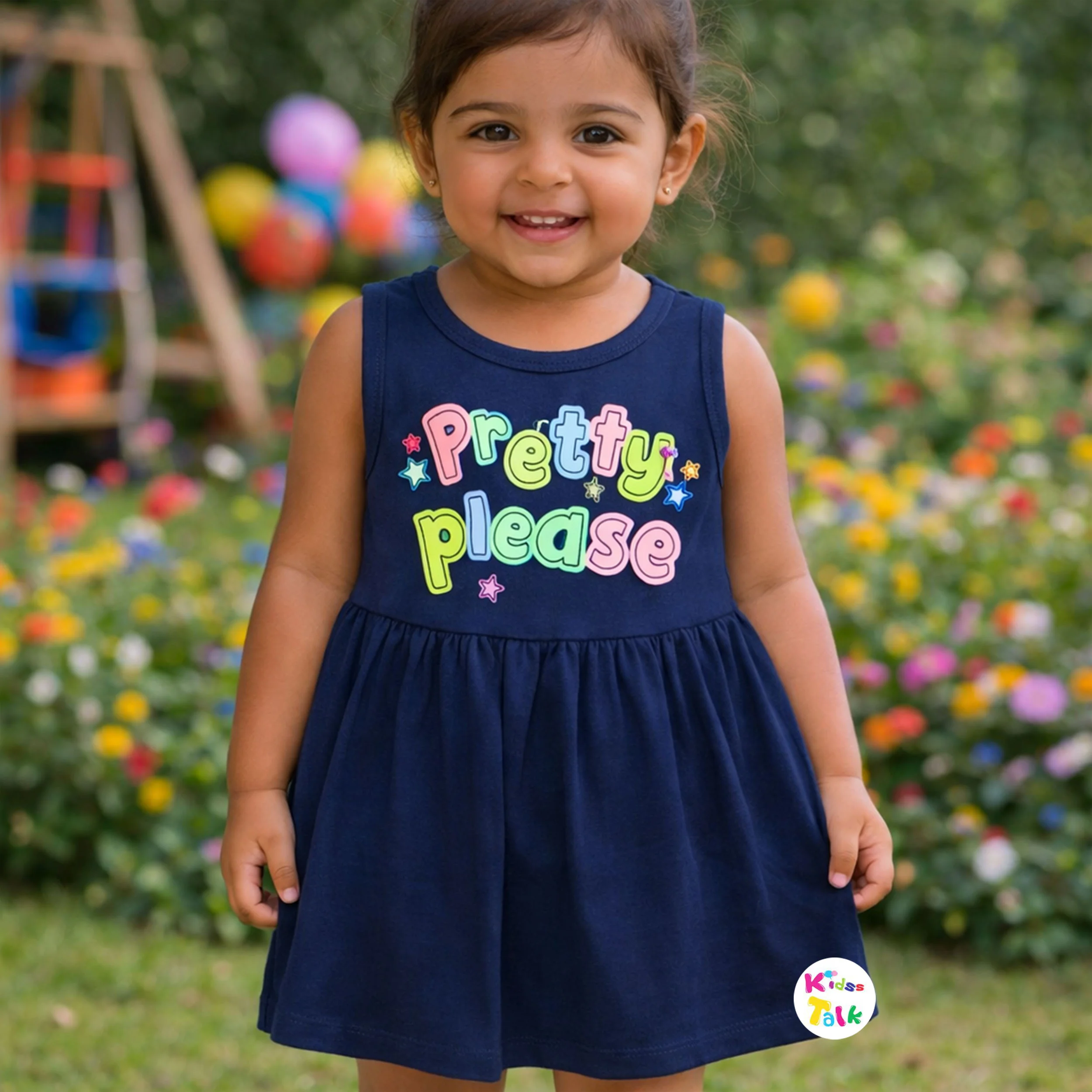 Cotton Knitted Sleeveless Cute Printed Frock - Navy Blue