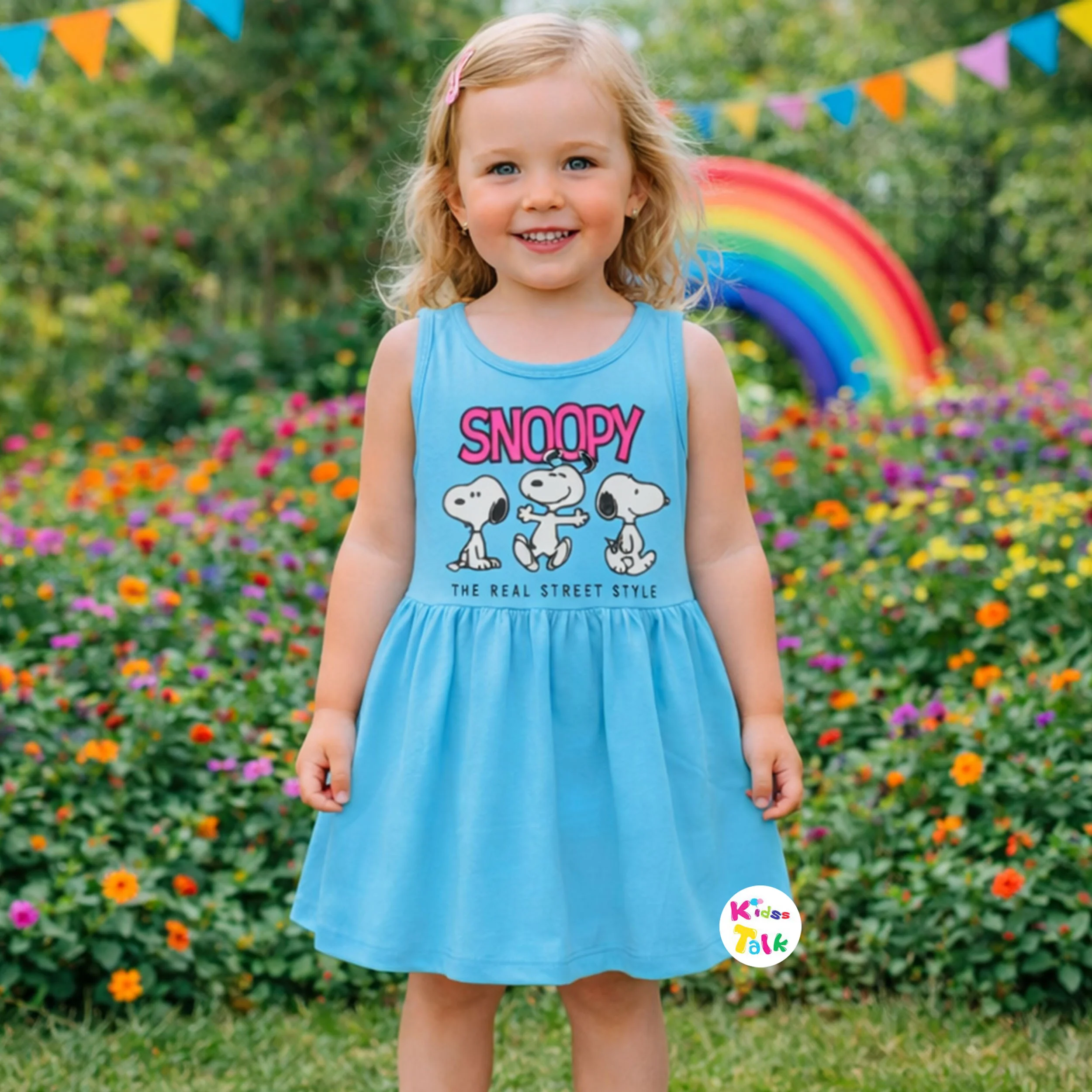 Cotton Knitted Sleeveless Cute Printed Frock - Turquoise