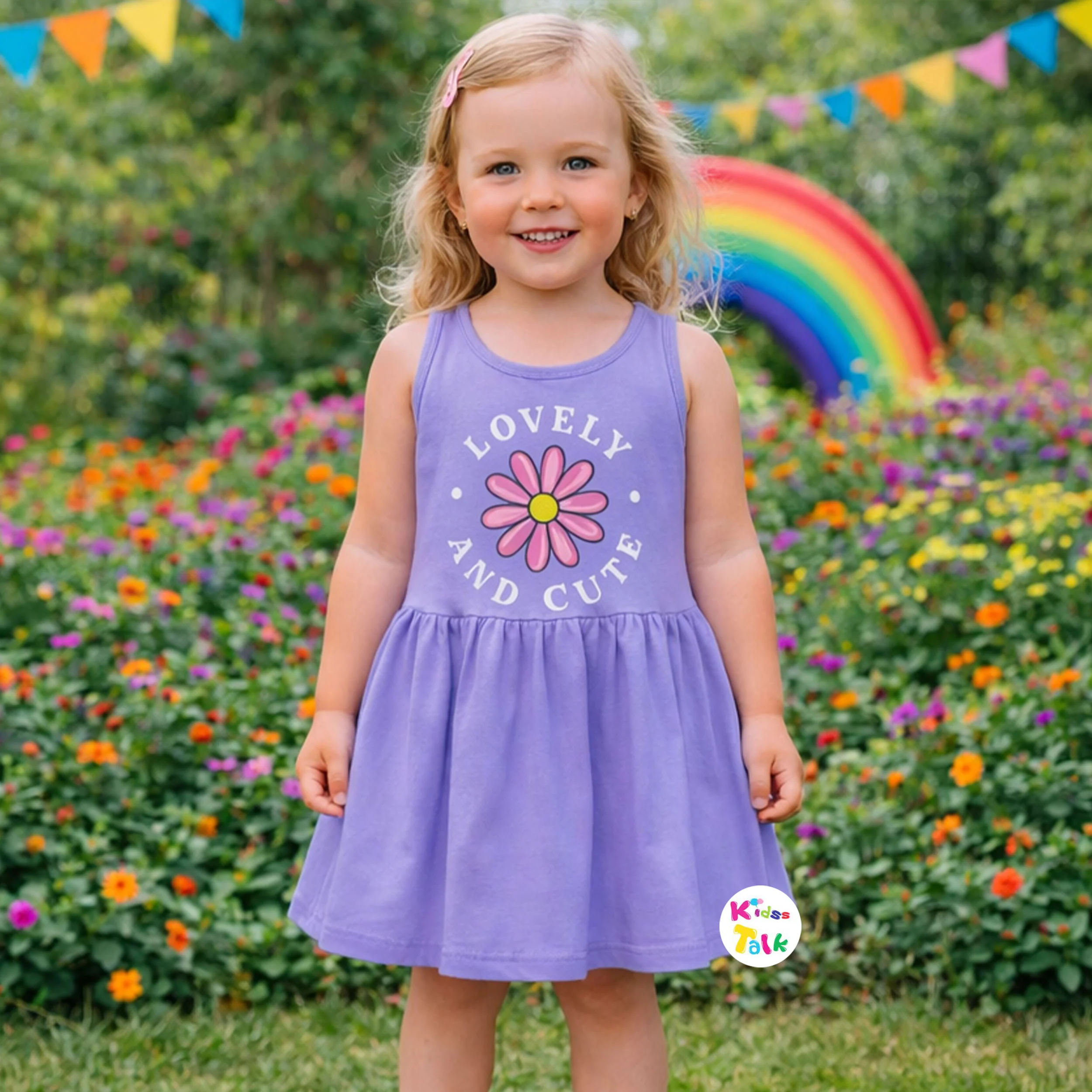 Cotton Knitted Sleeveless Cute Printed Frock - Lavender