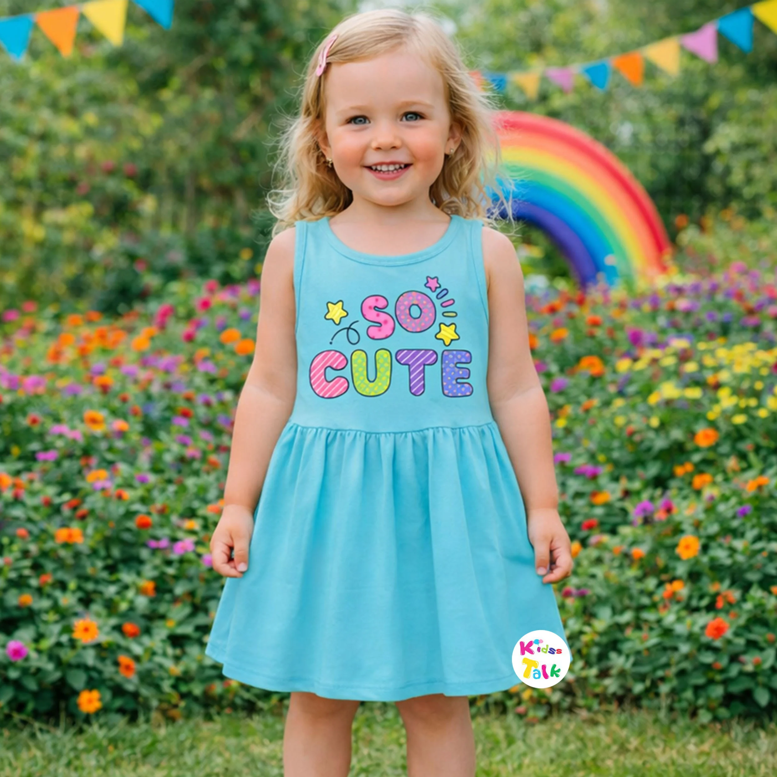 Cotton Knitted Sleeveless Cute Printed Frock - Ice Blue