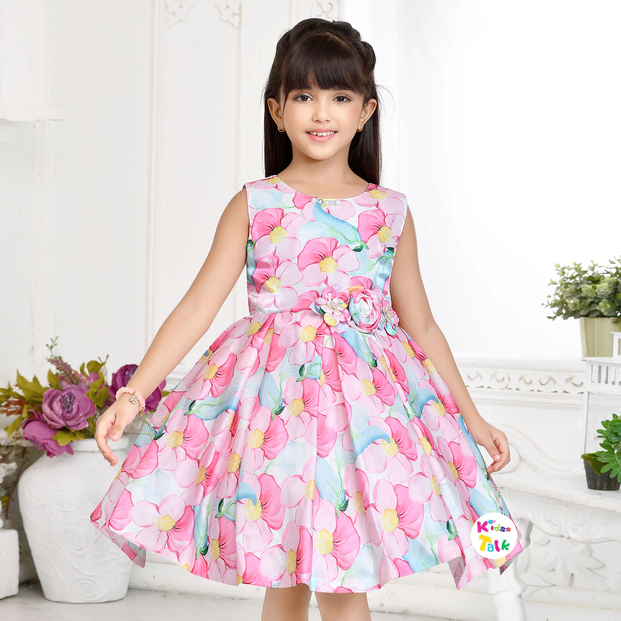 Soft Satin Sleeveless Party Frock With Floral Print- Multicolour