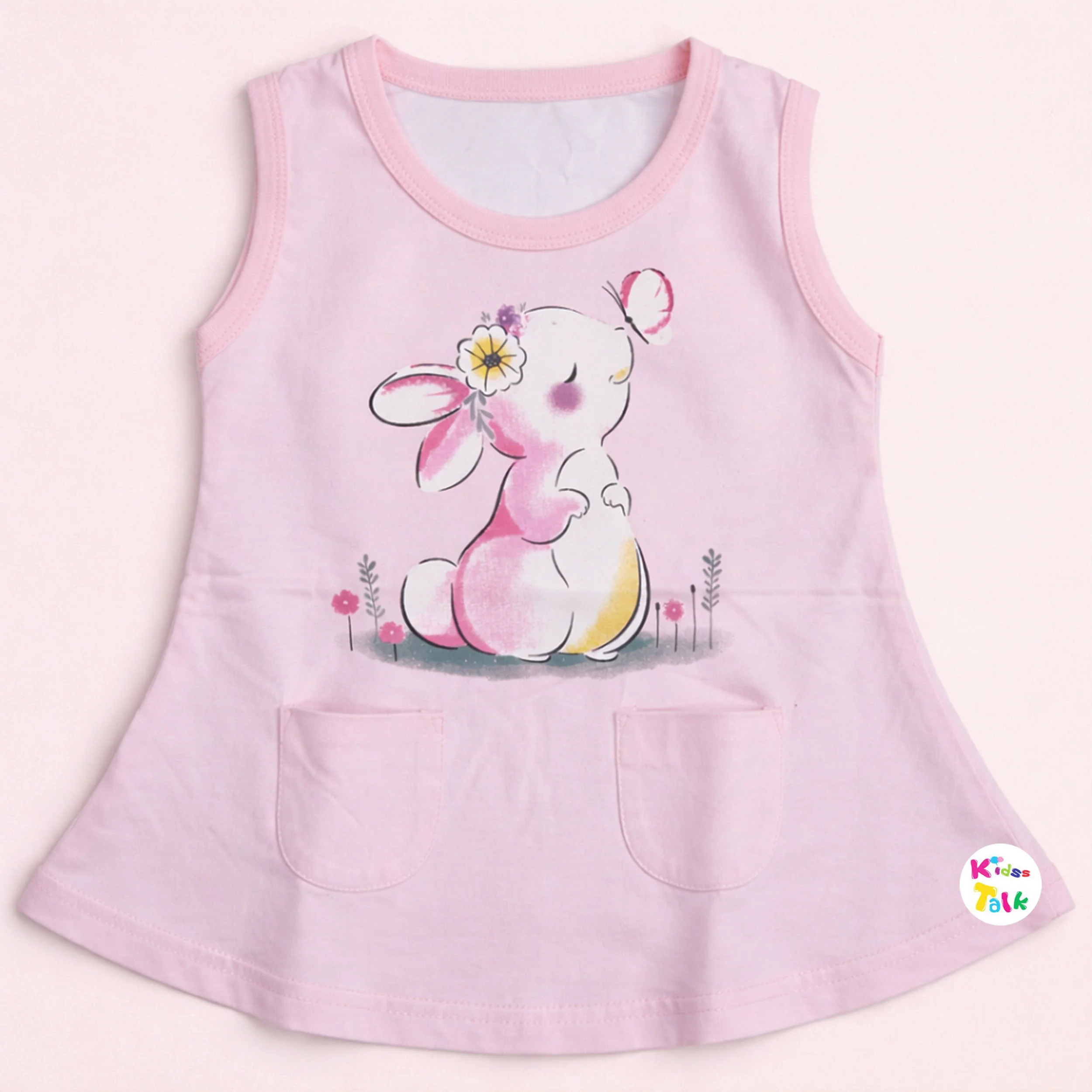 Cotton Knitted Sleeveless Frock With Cute Printed - Baby Pink