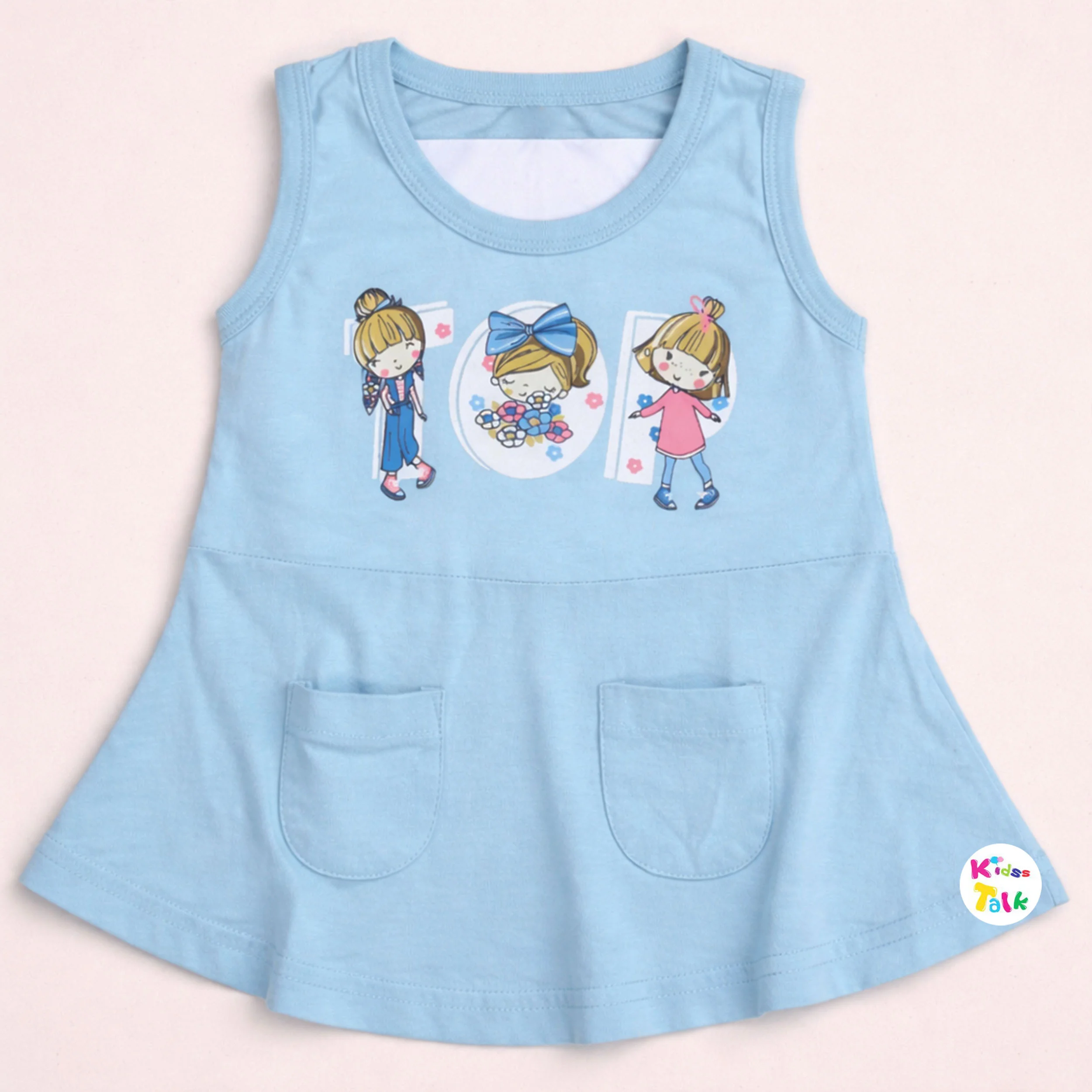 Cotton Knitted Sleeveless Frock With Cute Printed - Ice Blue