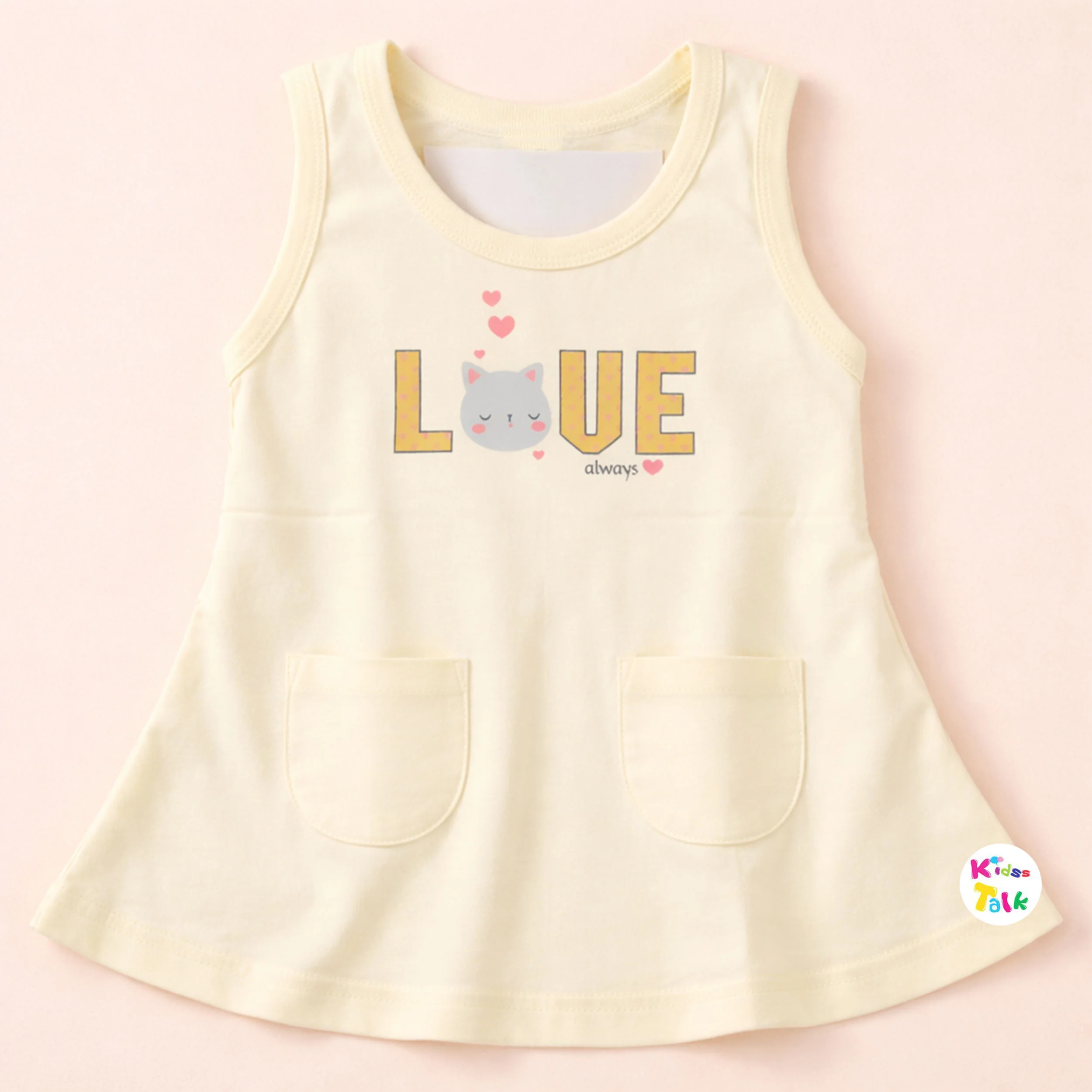 Cotton Knitted Sleeveless Frock With Cute Printed - Lemon Yellow