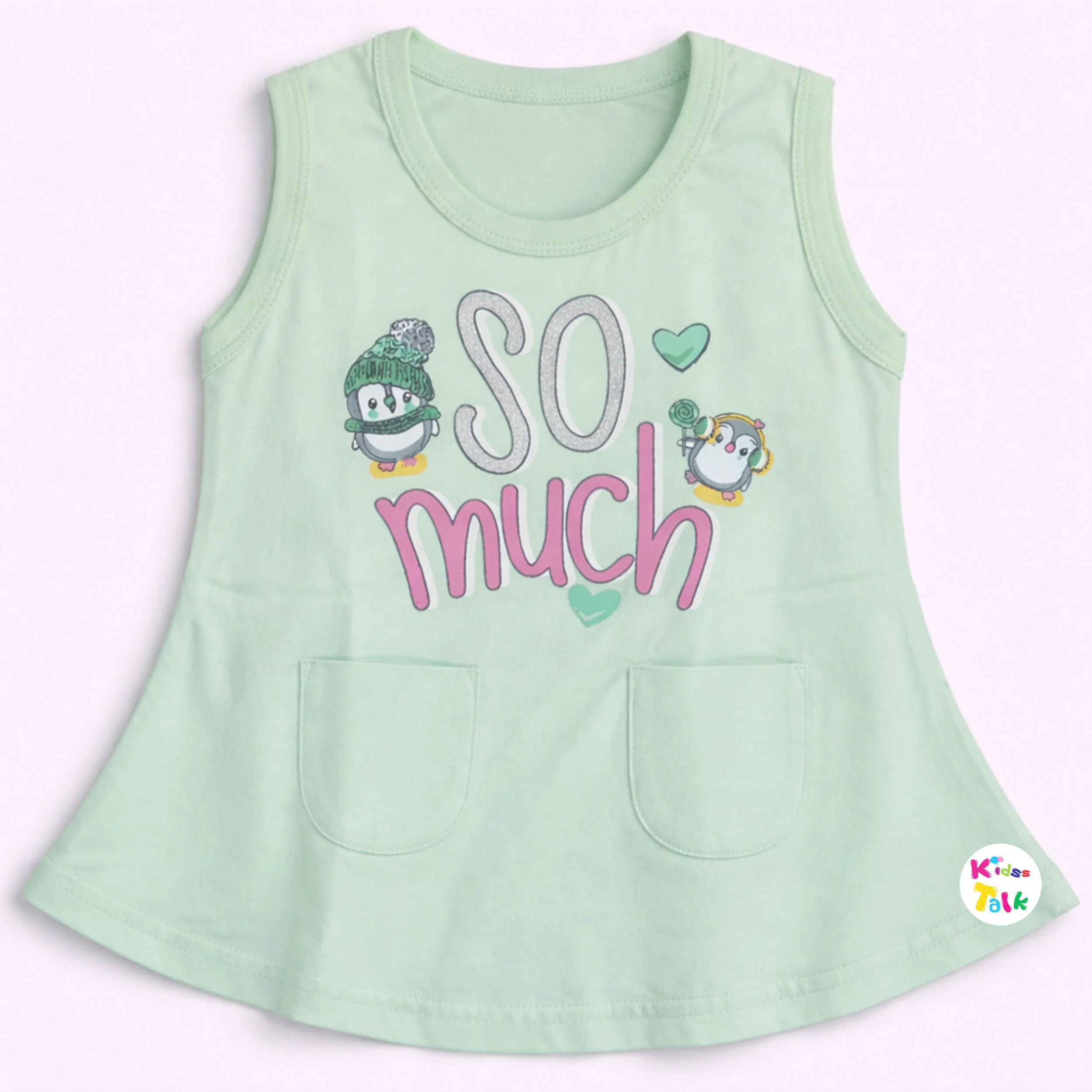 Cotton Knitted Sleeveless Frock With Cute Printed - Mint Green