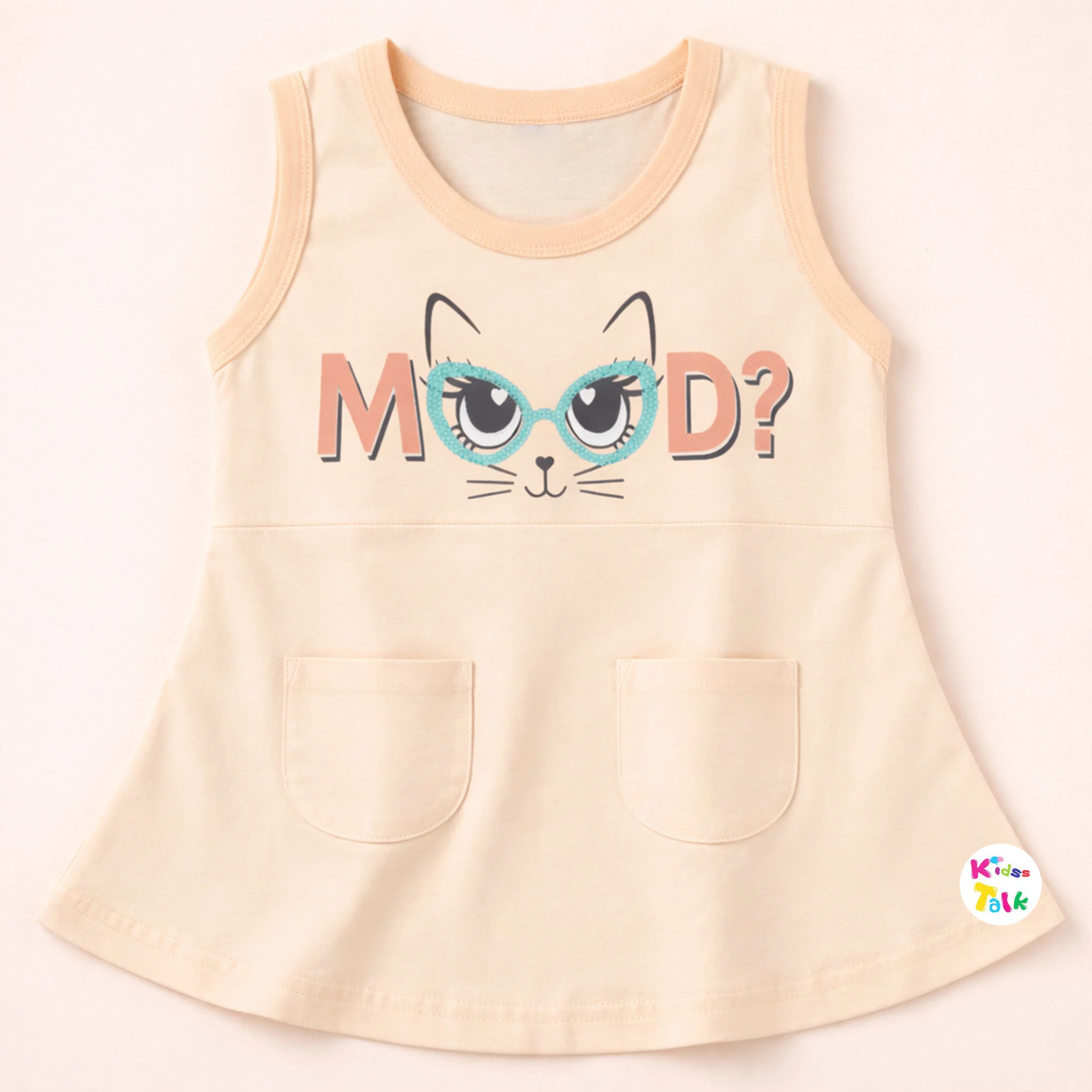 Cotton Knitted Sleeveless Frock With Cute Printed - Peach