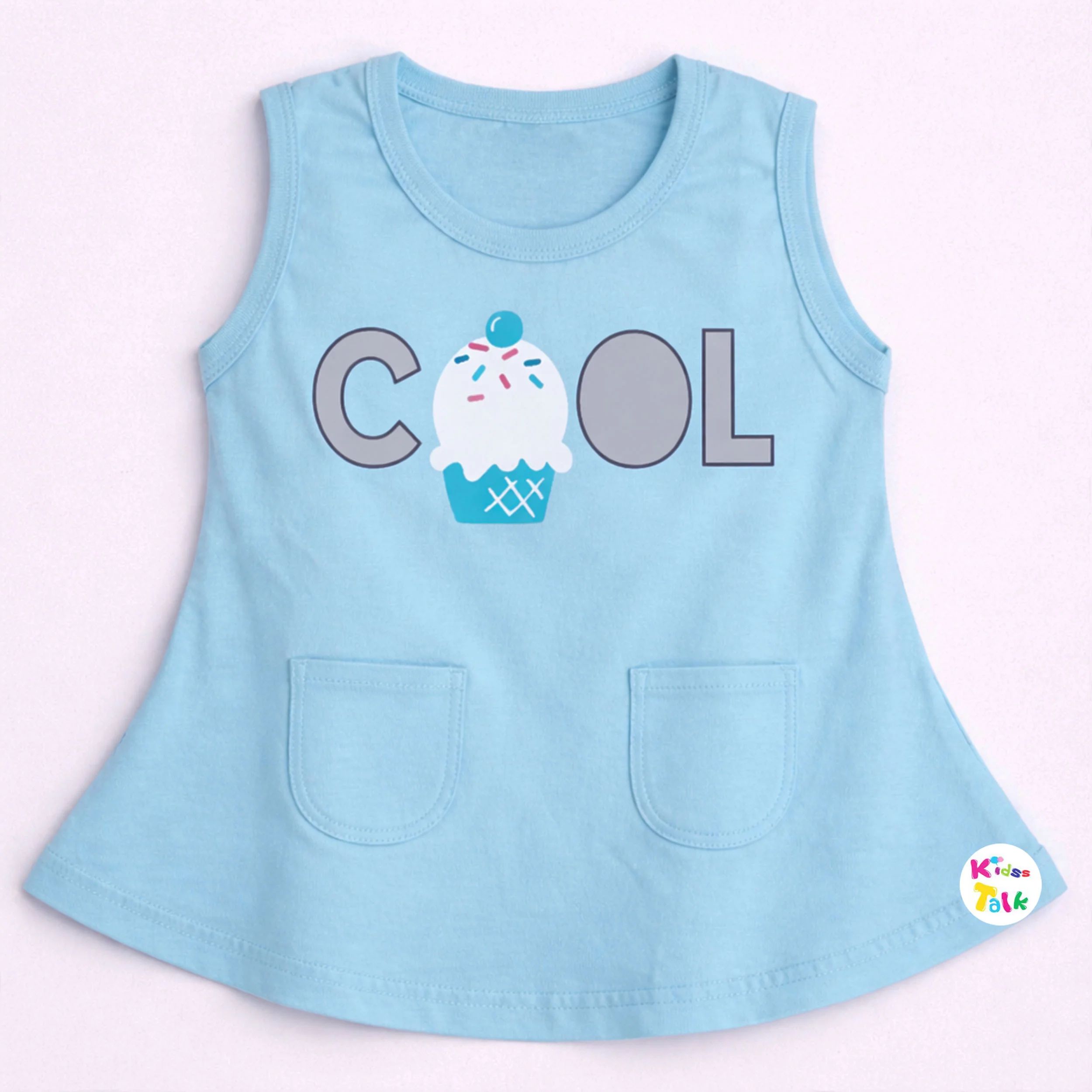 Cotton Knitted Sleeveless Frock With Cute Printed - Turquoise