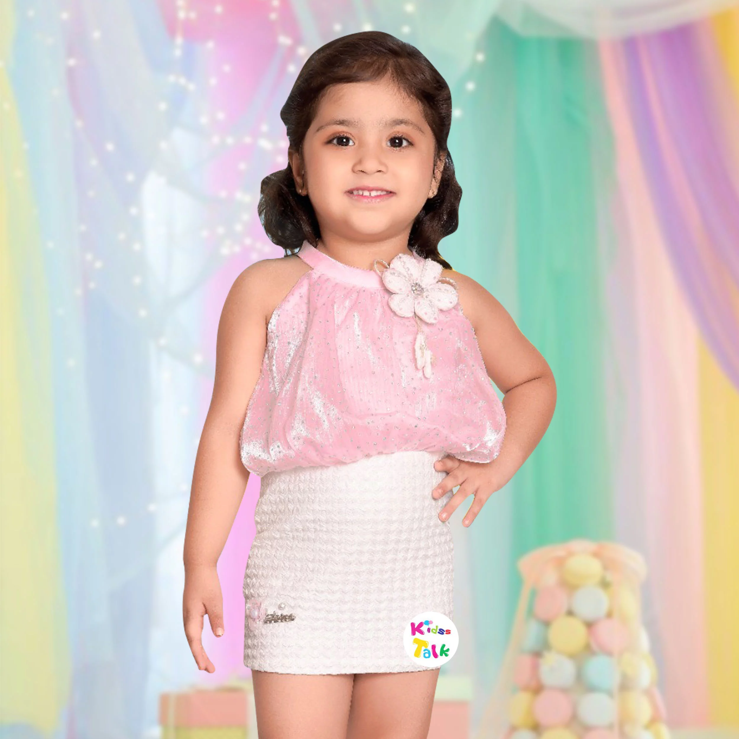 Shimmer Sleeveless Party Frock With Stone Applique - Baby Pink