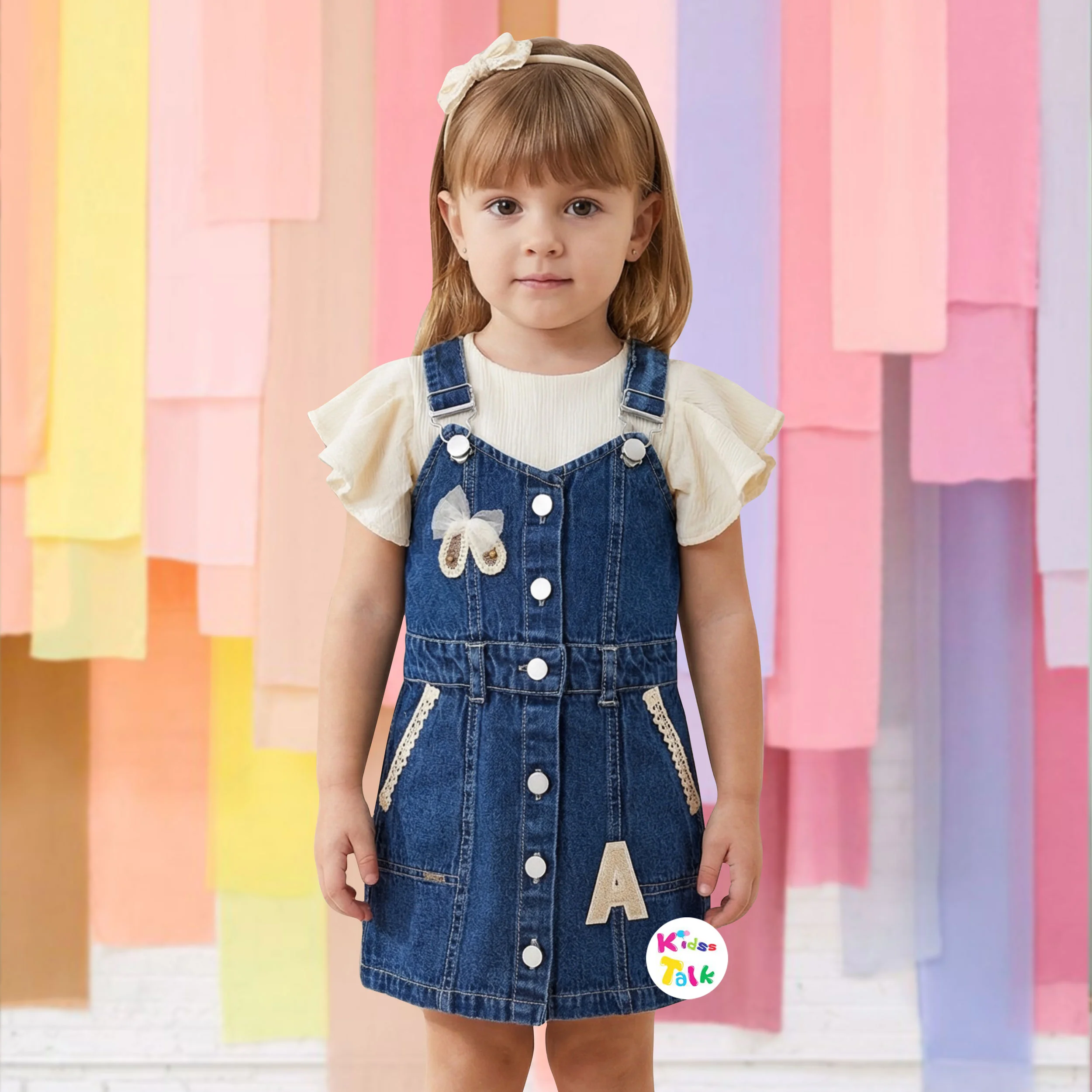 Denim Half Sleeve Cute Patch Work Pinafore - Denim Blue