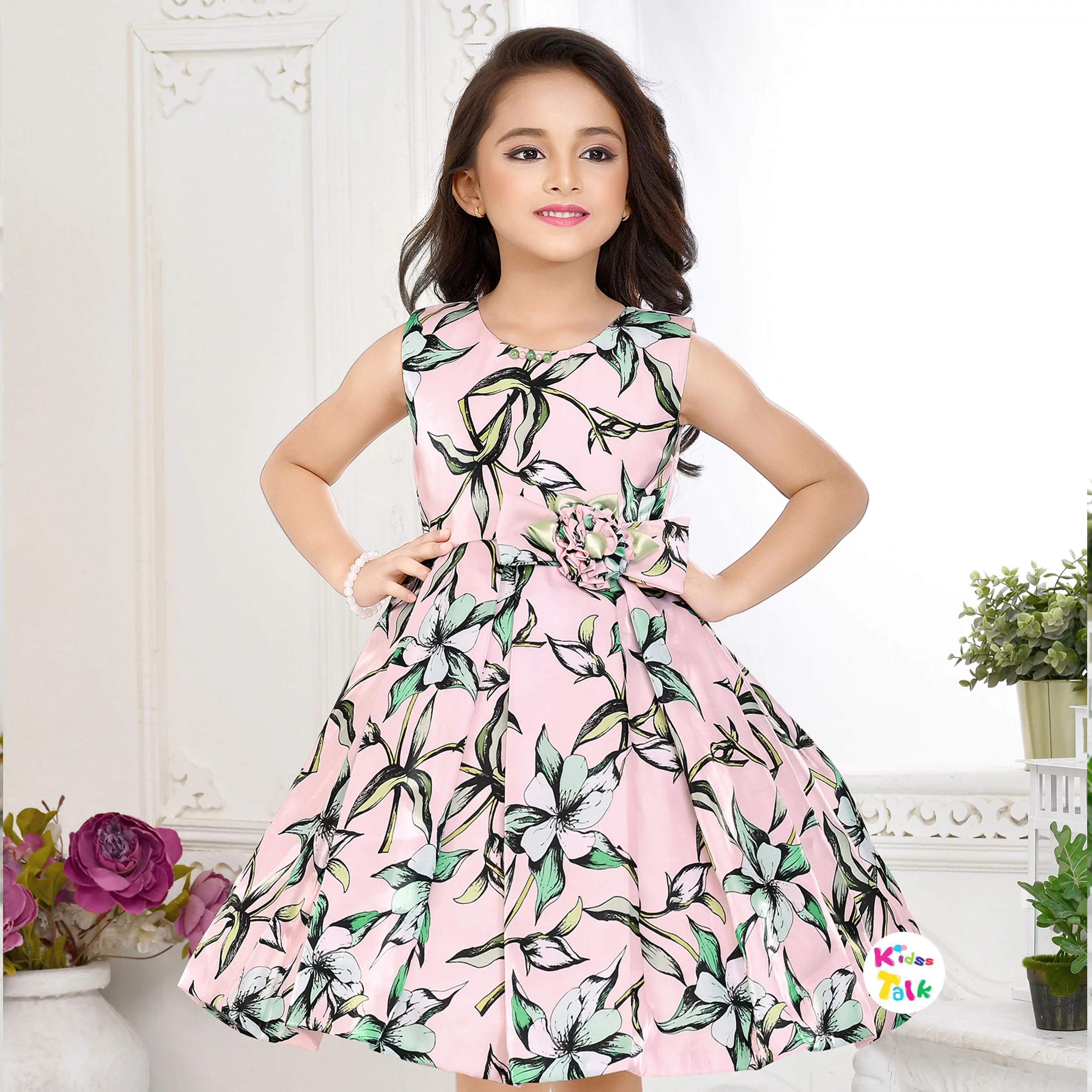 Soft Satin Sleeveless Party Frock With Floral Print- Peach