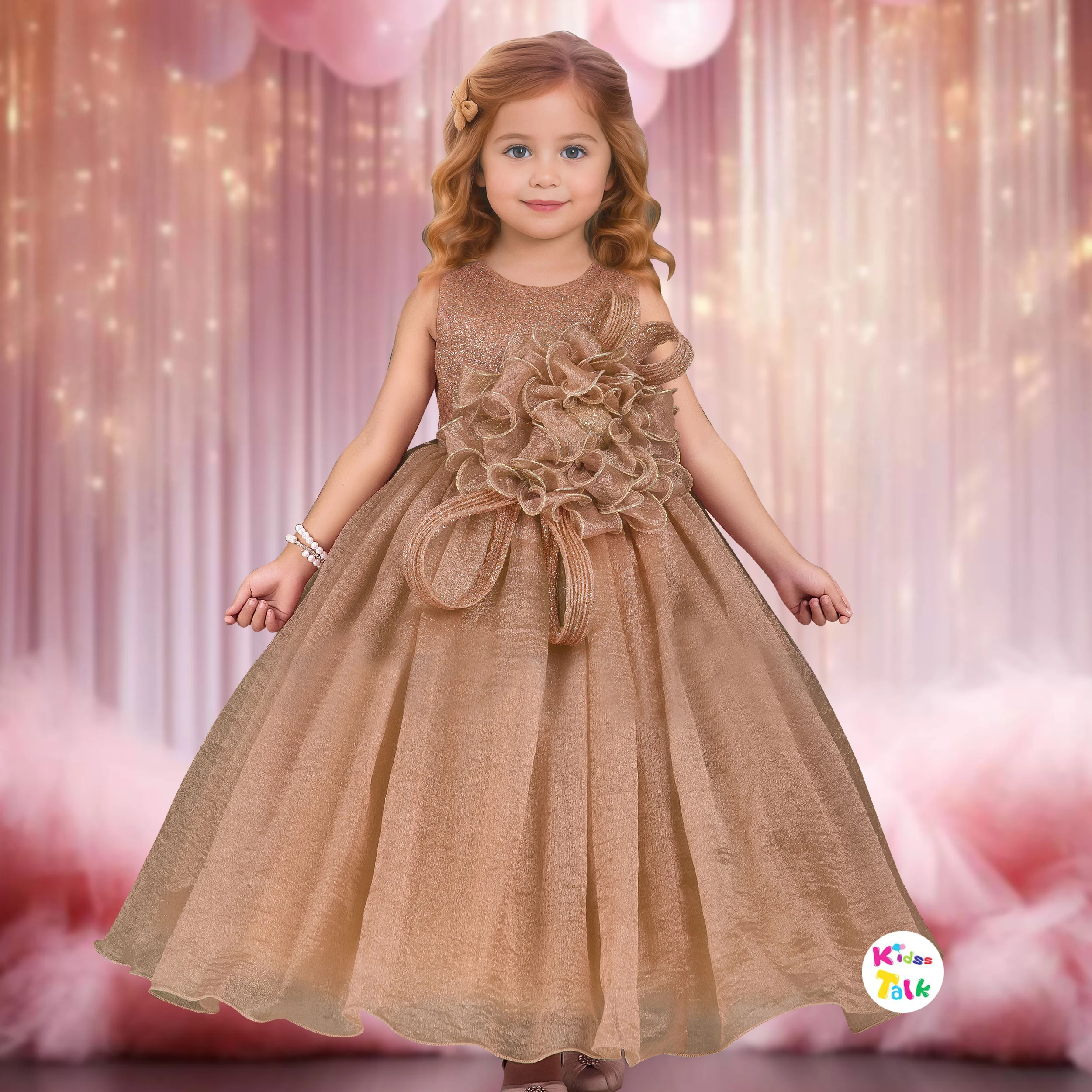 Shimmer Sleeveless Fluffy Party Gown With Flower Applique - Beige