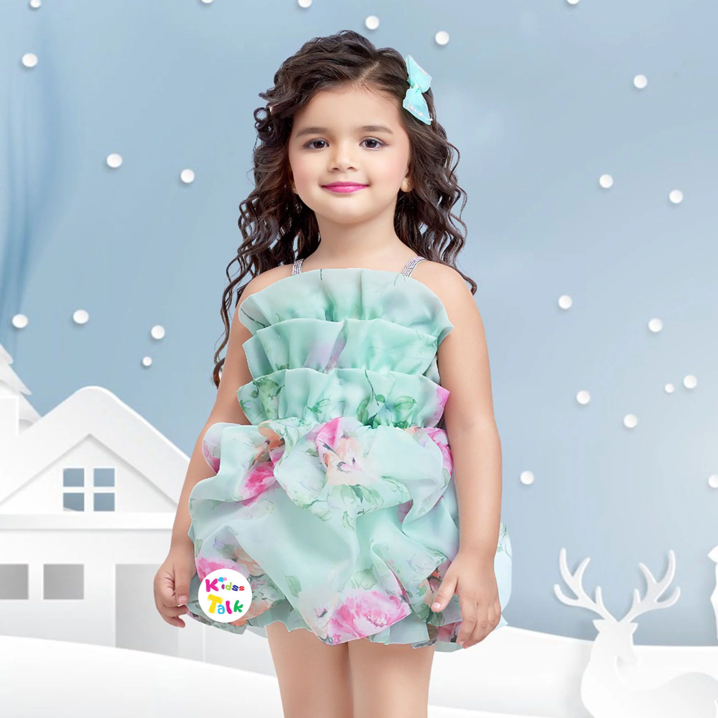 Organza Sleeveless Frock With Floral Print - Mint Green