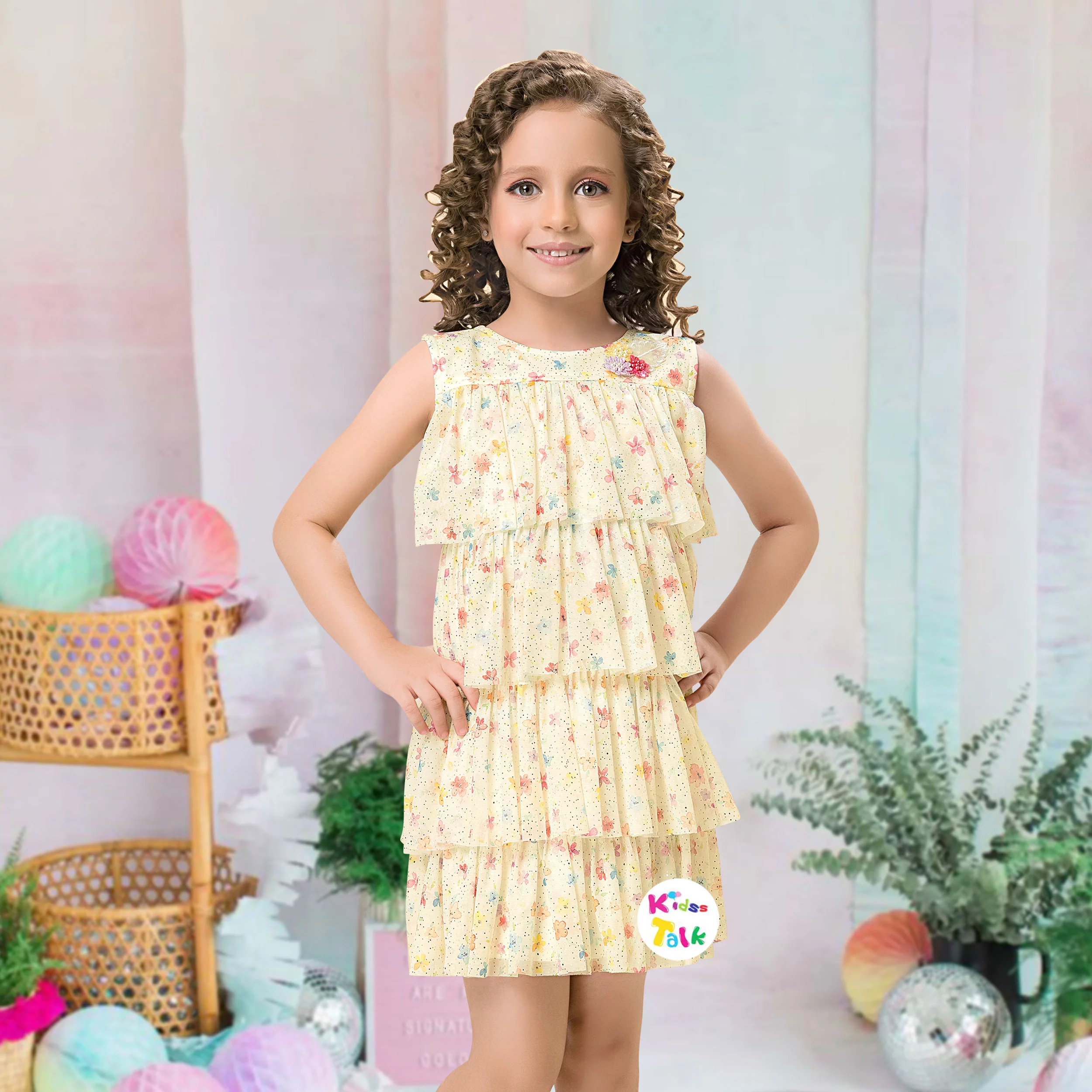 Net Sleeveless Frock With Floral Printed - Lemon Yellow