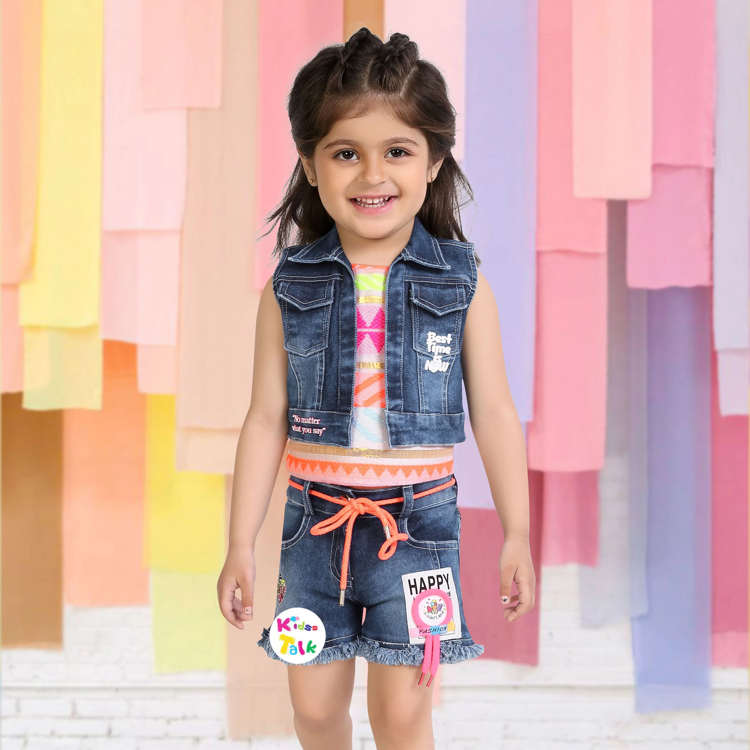 Cotton Sleeveless Top With Jacket & Half Pant - Multicolour