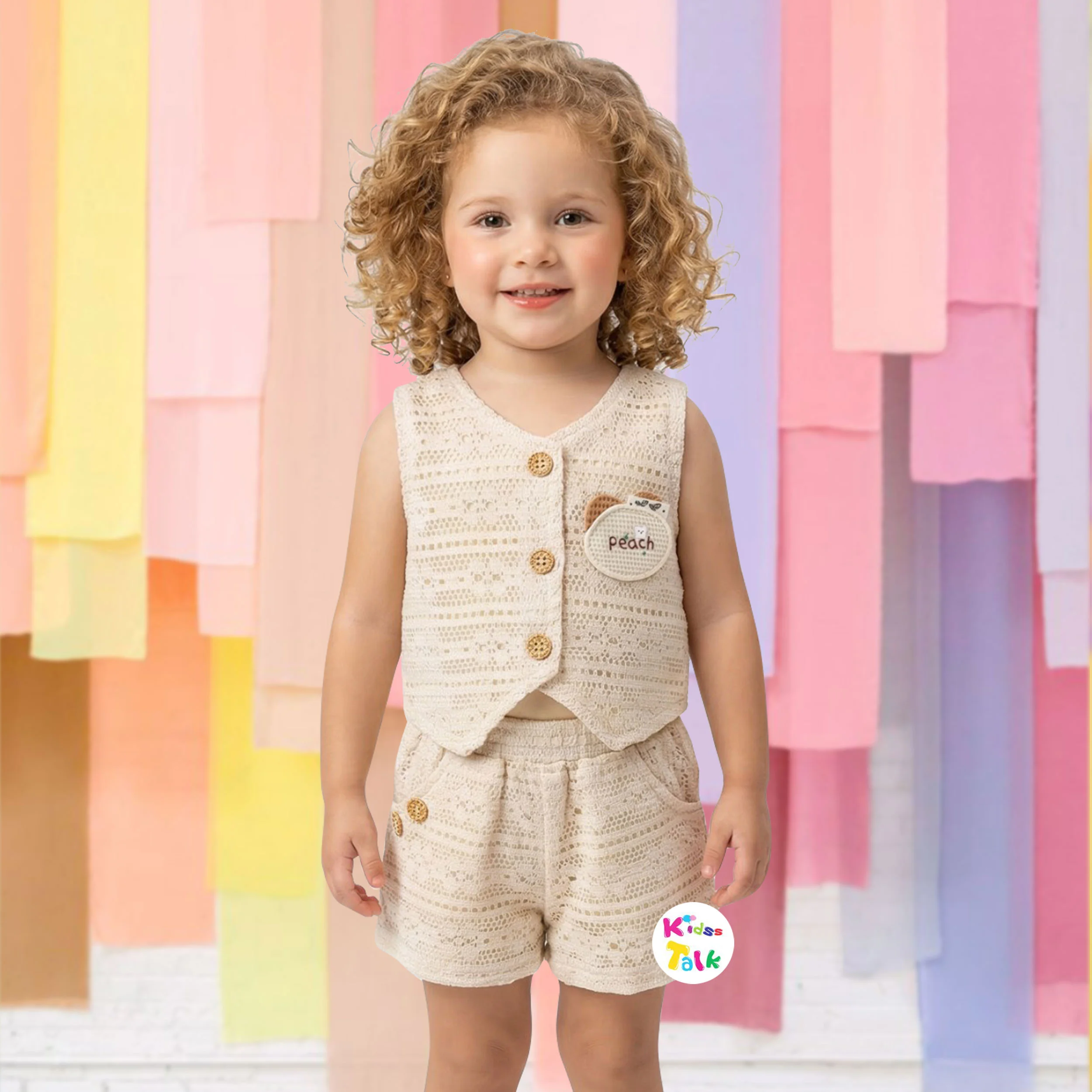 Cotton Knitted Sleeveless Half Pant Set With Cute Broach - Cream