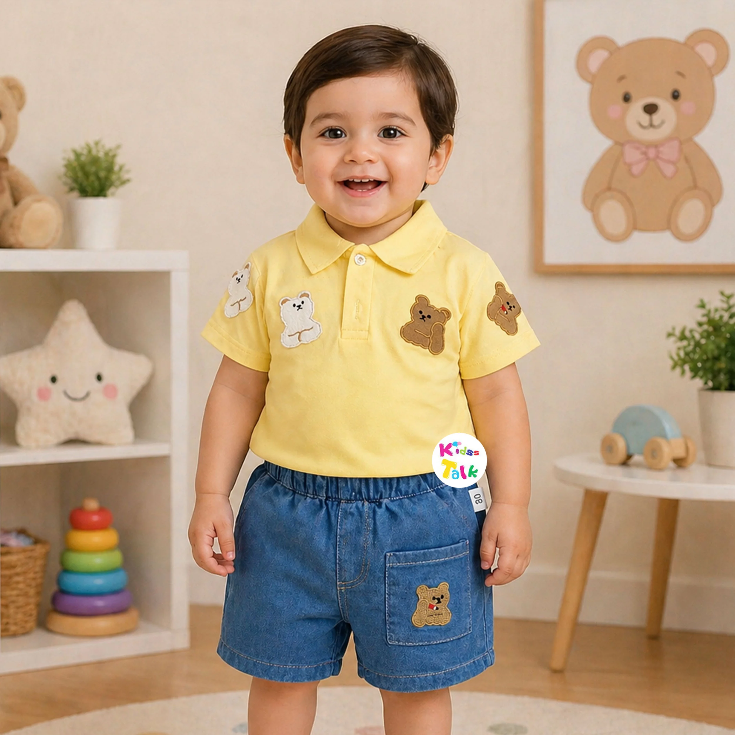 Cotton Half Sleeve Patch Work T-shirt & Half Pant - Lemon Yellow