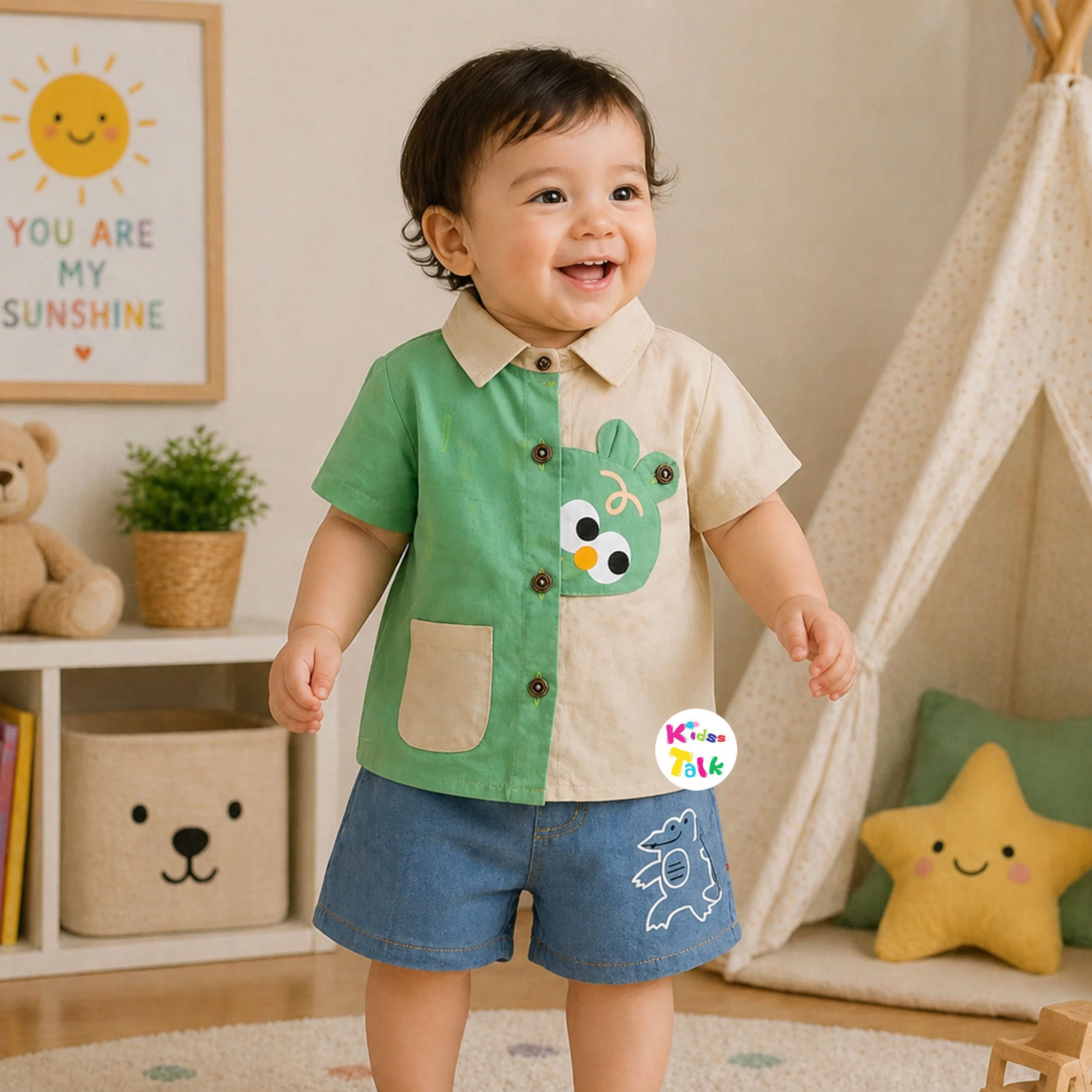 Cotton Half Sleeve Patch Work Shirt & Half Pant - Green