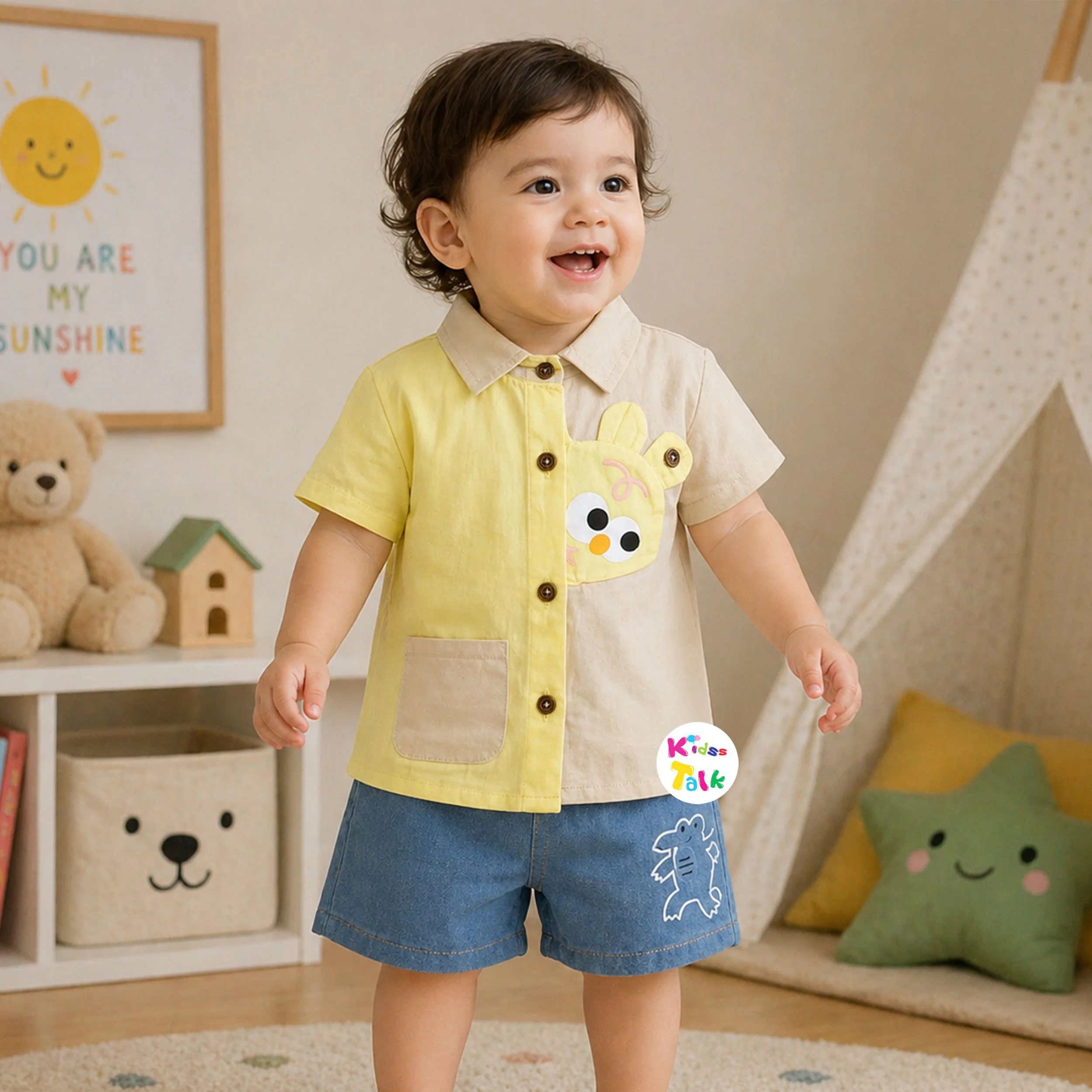 Cotton Half Sleeve Patch Work Shirt & Half Pant - Lemon Yellow