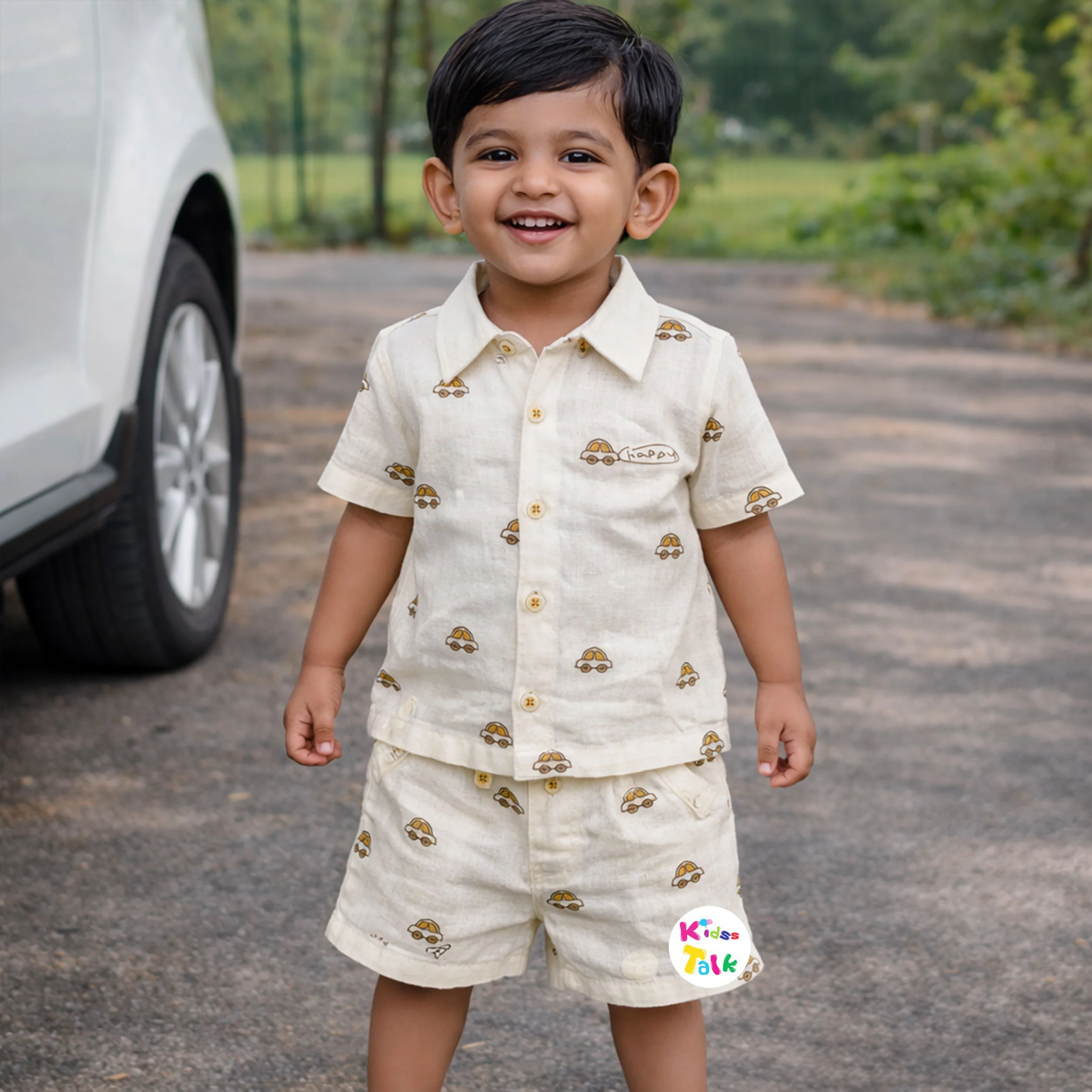 Muslin Half Sleeve Shirt With Cute Print & Half Pant - Cream