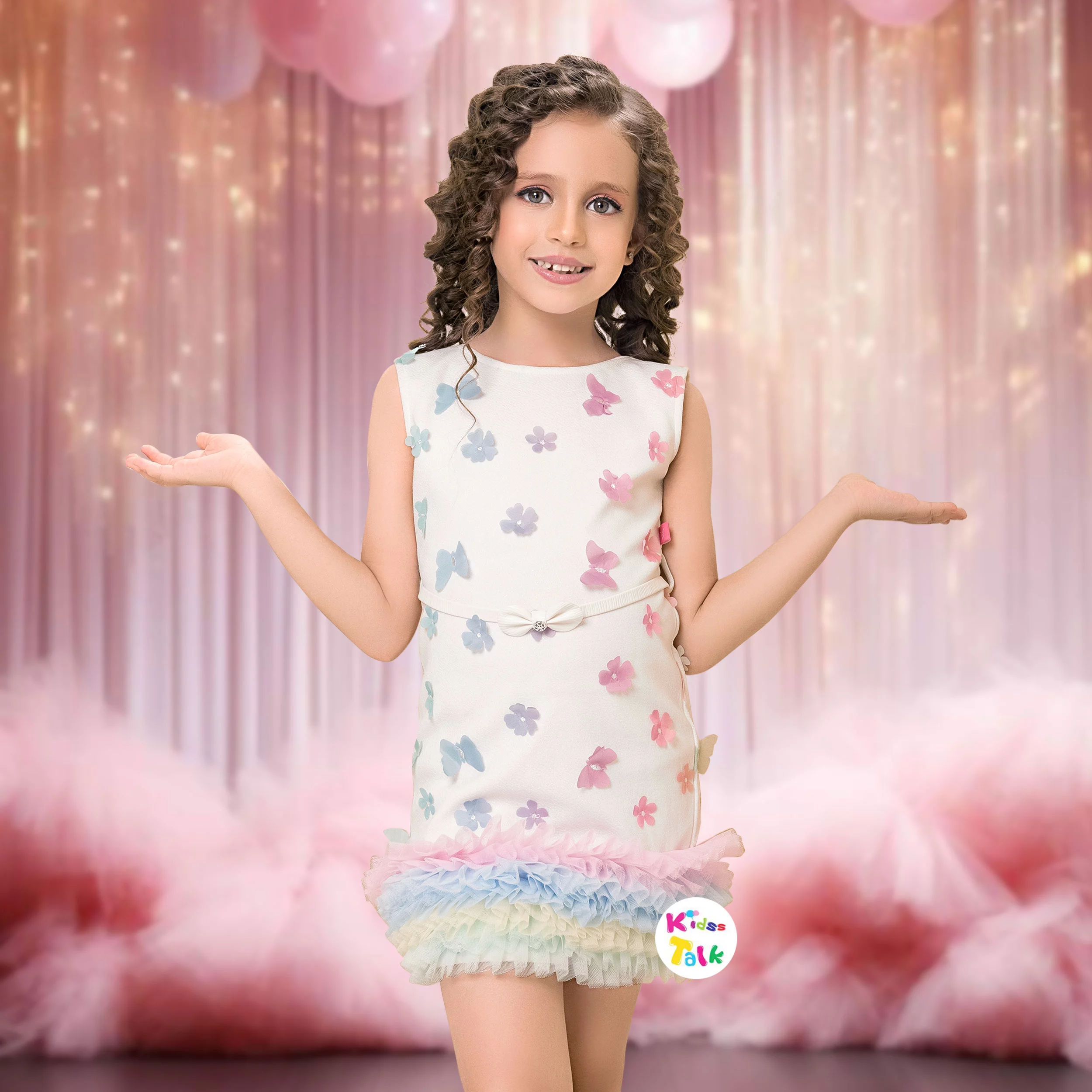 Shimmer Sleeveless Frock With Flower Applique- White