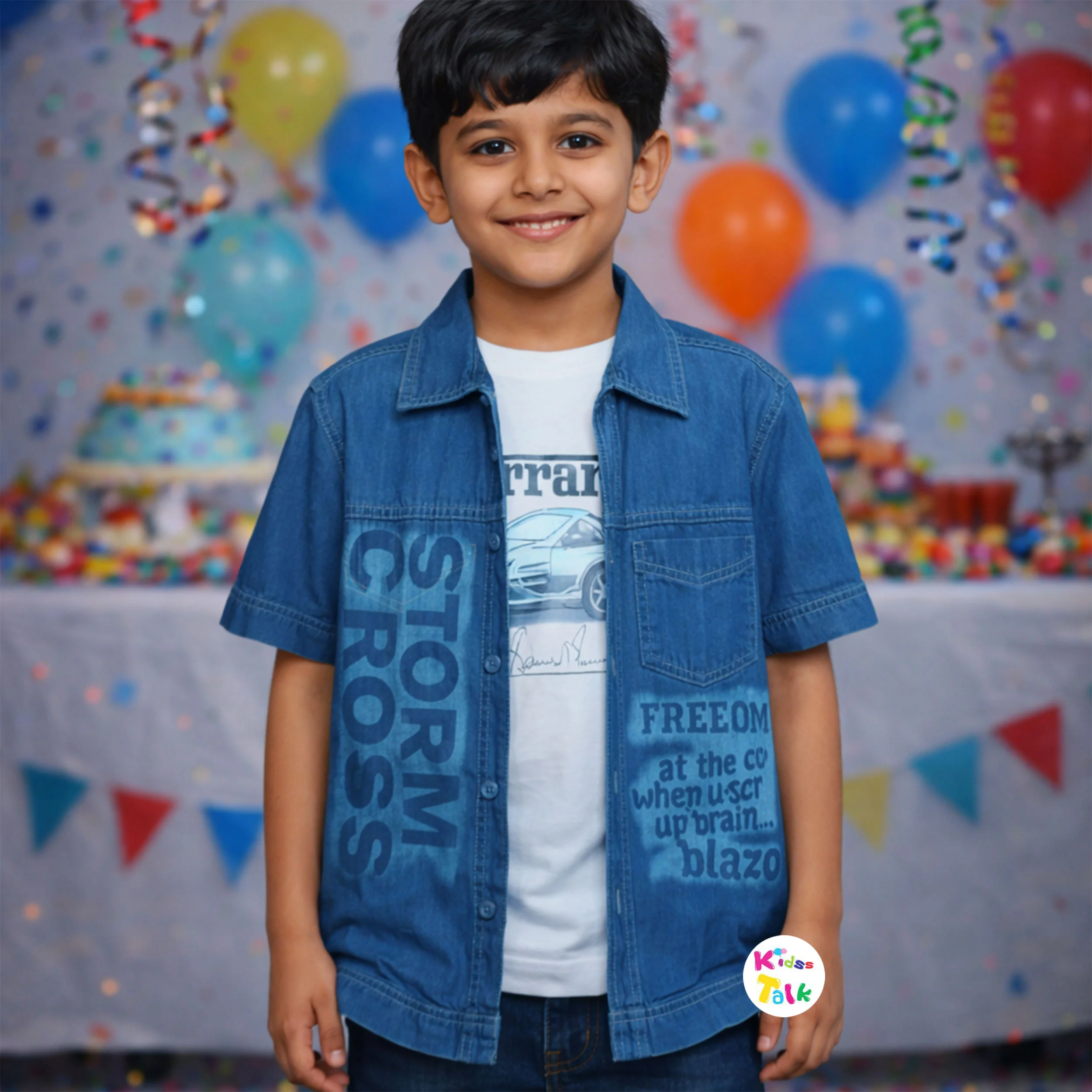 Denim Half Sleeve Jacket With Printed T-shirt - Ice Blue