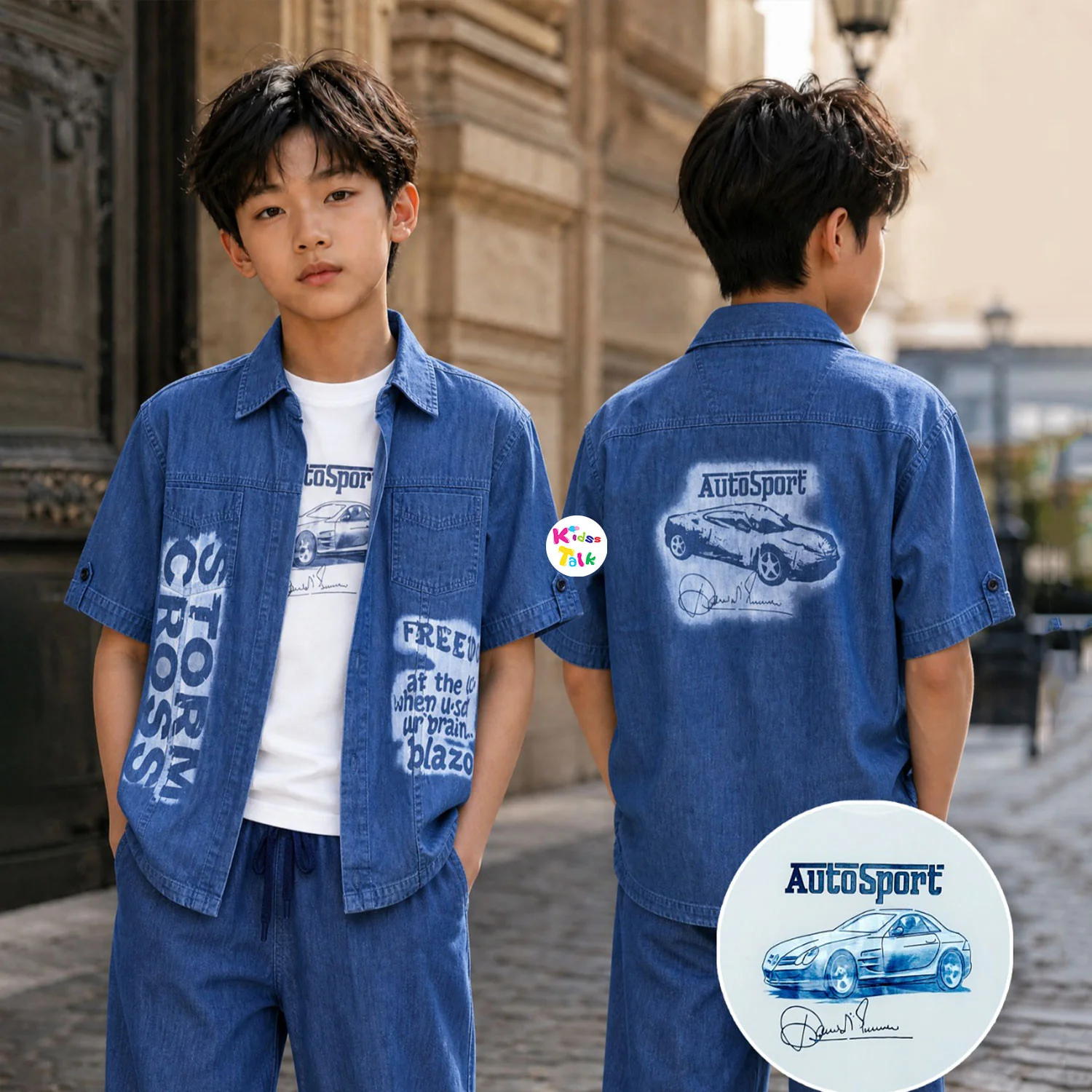 Denim Half Sleeve Jacket With Printed T-shirt - Ice Blue