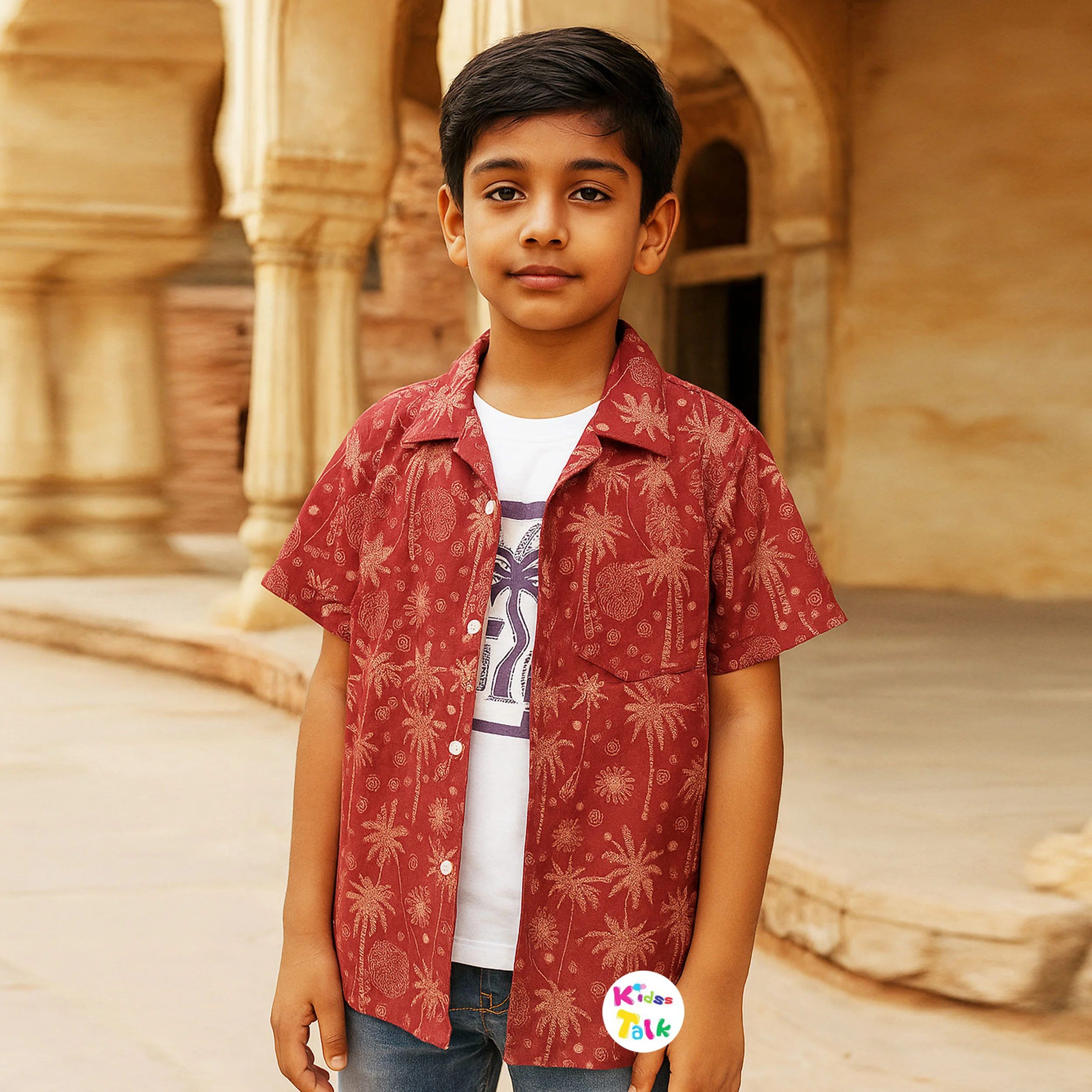 Cotton Half Sleeve Jacket With T-shirt - Maroon