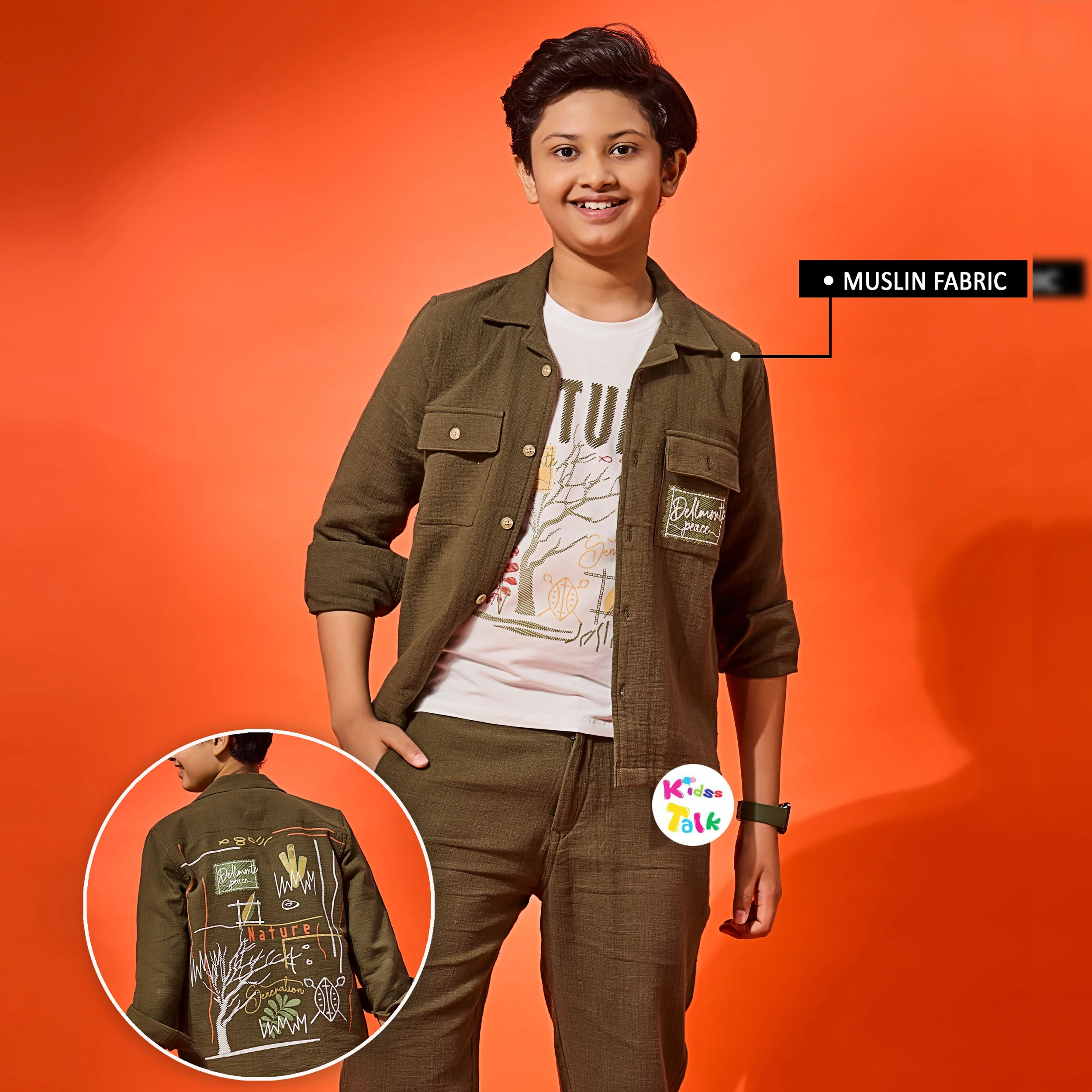 Muslin Full Sleeve Jacket With Printed T-shirt - Olive Green