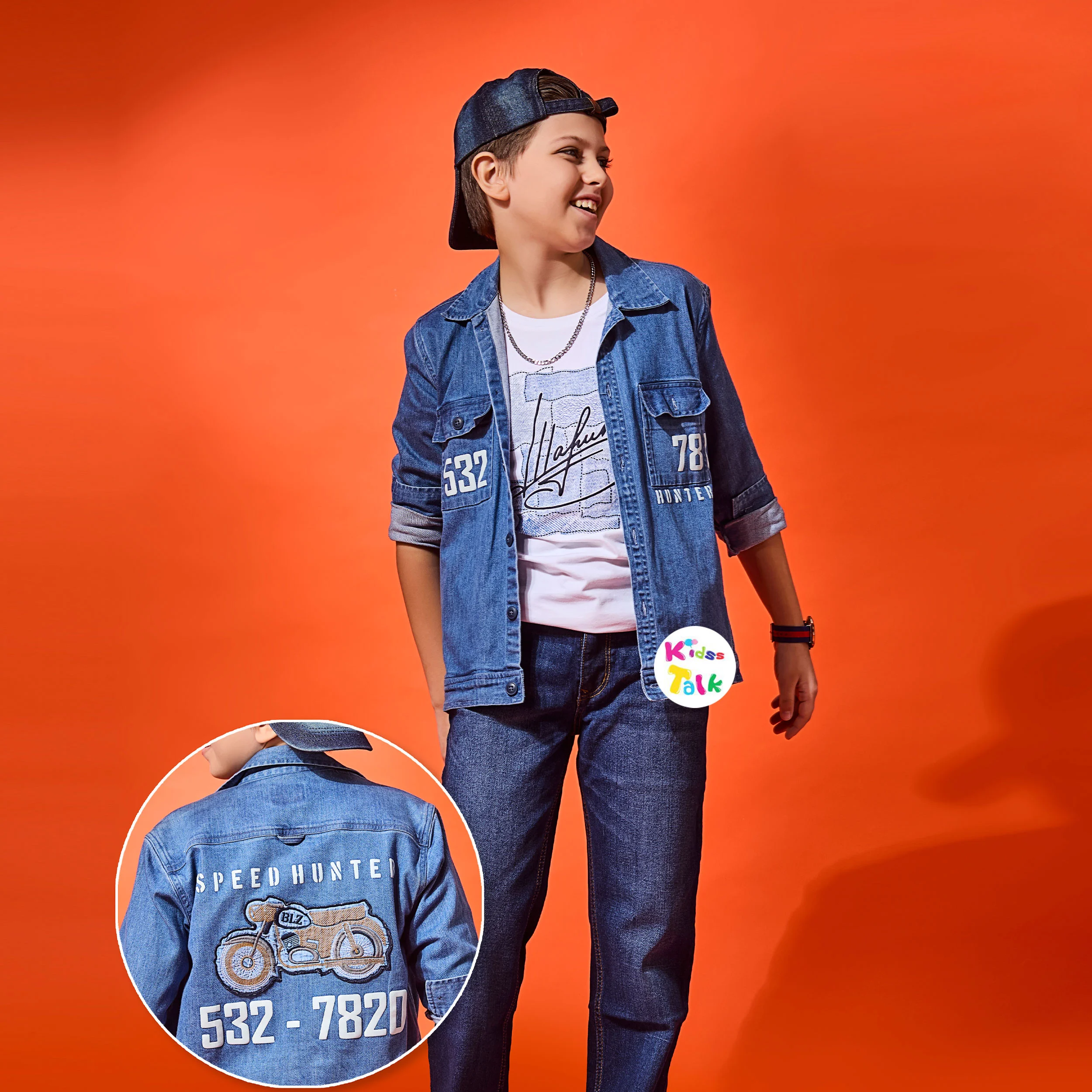 Denim Full Sleeve Jacket With Printed T-shirt - Denim Blue