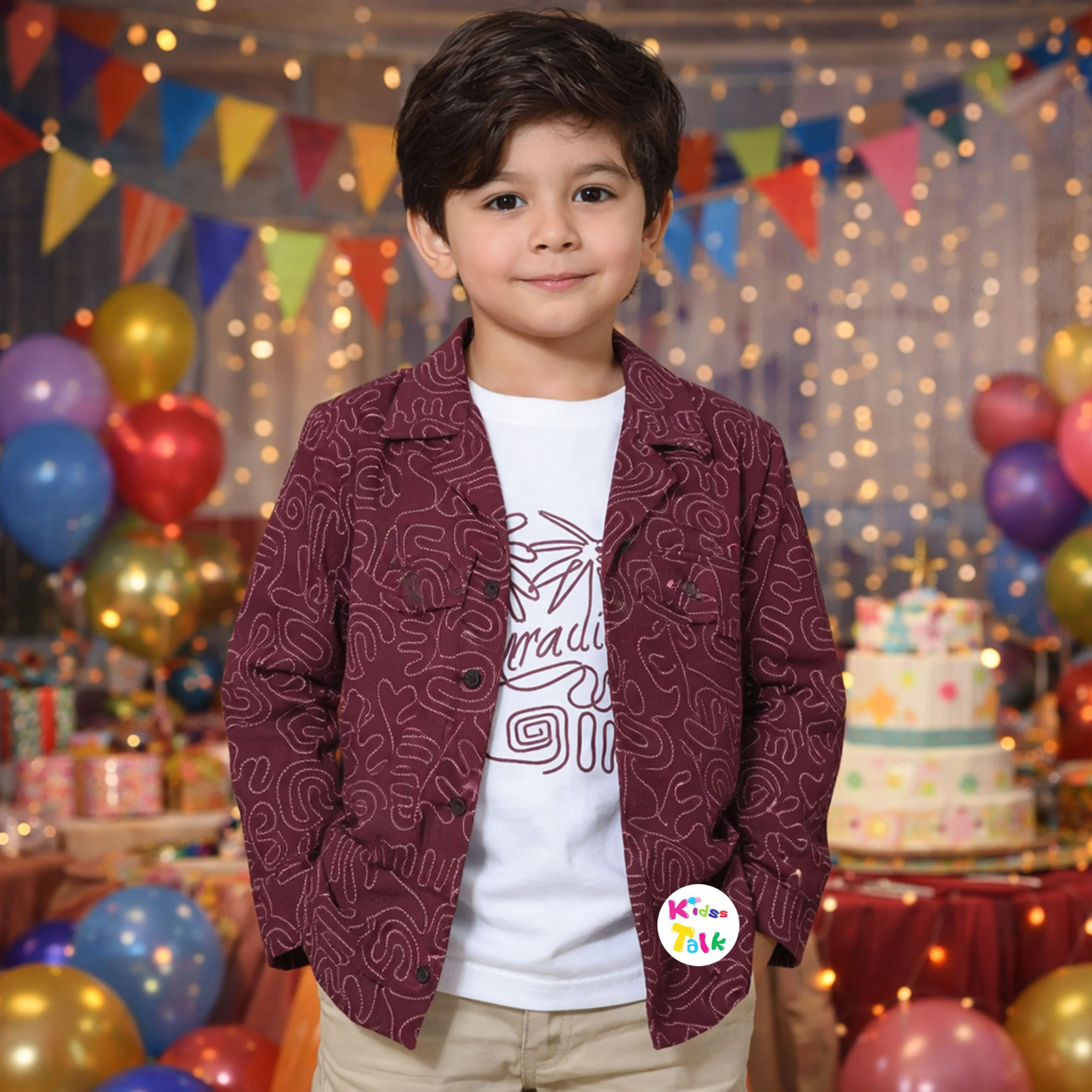 Muslin Full Sleeve Jacket With Printed T-shirt - Wine