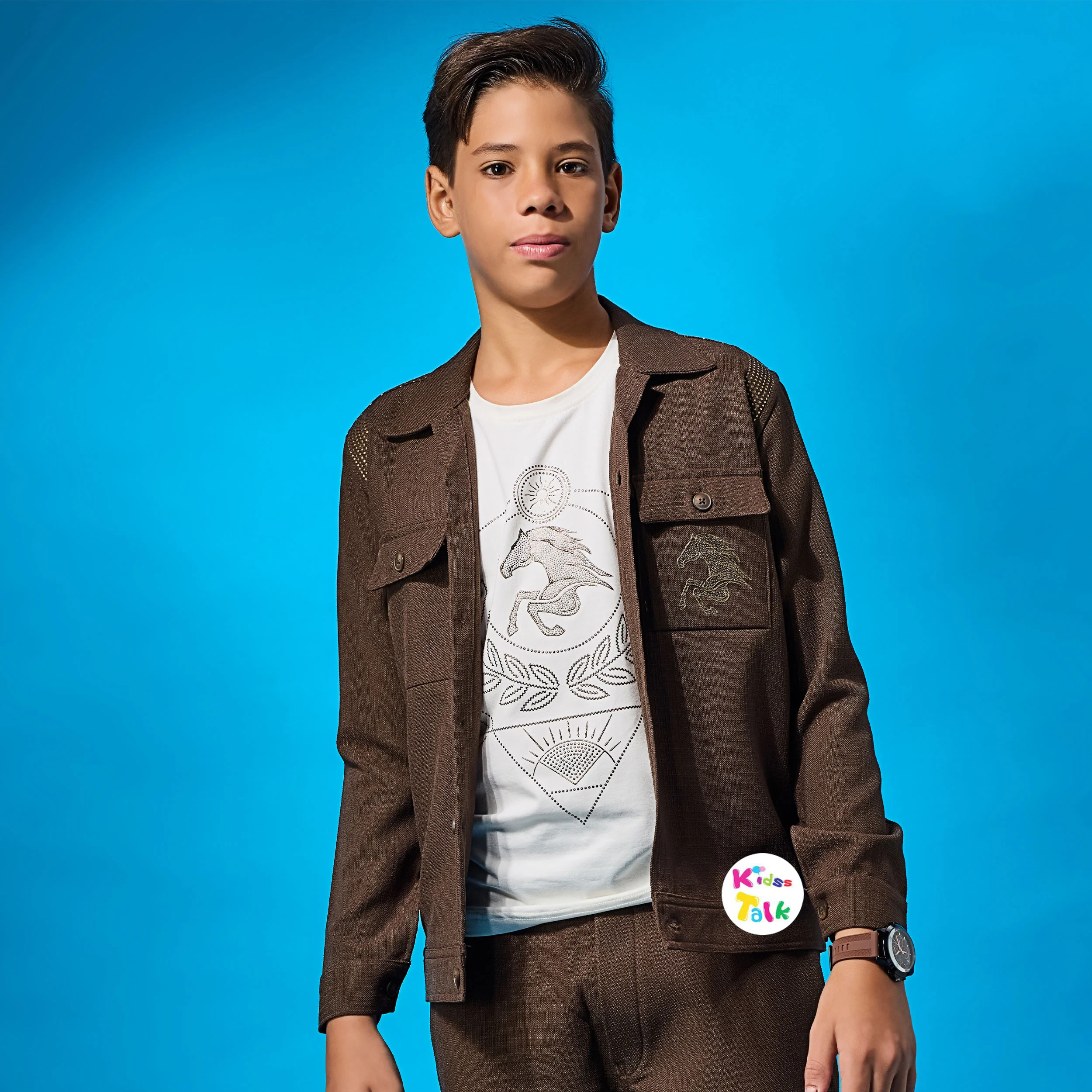 Denim Full Sleeve Jacket With Printed T-shirt - Brown