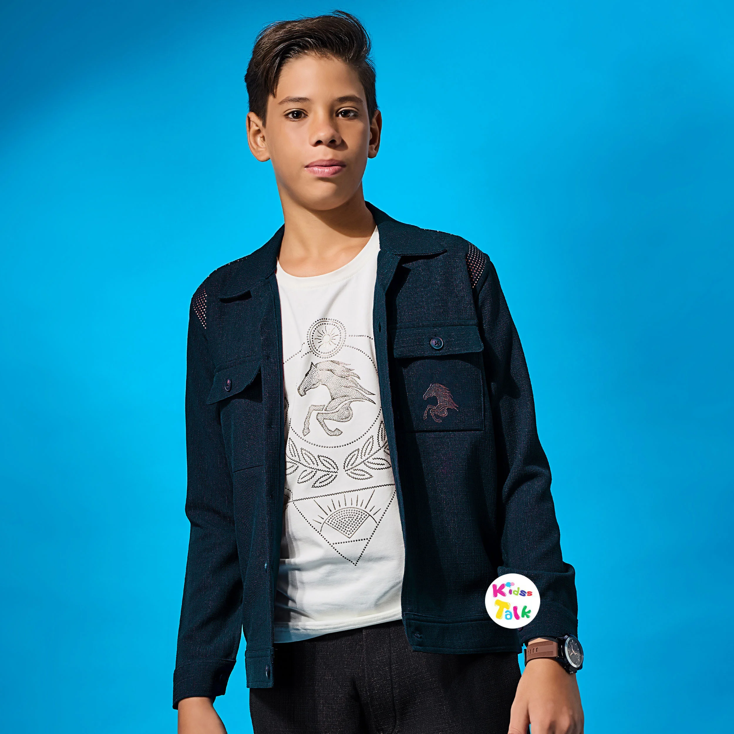 Denim Full Sleeve Jacket With Printed T-shirt - Teal Blue