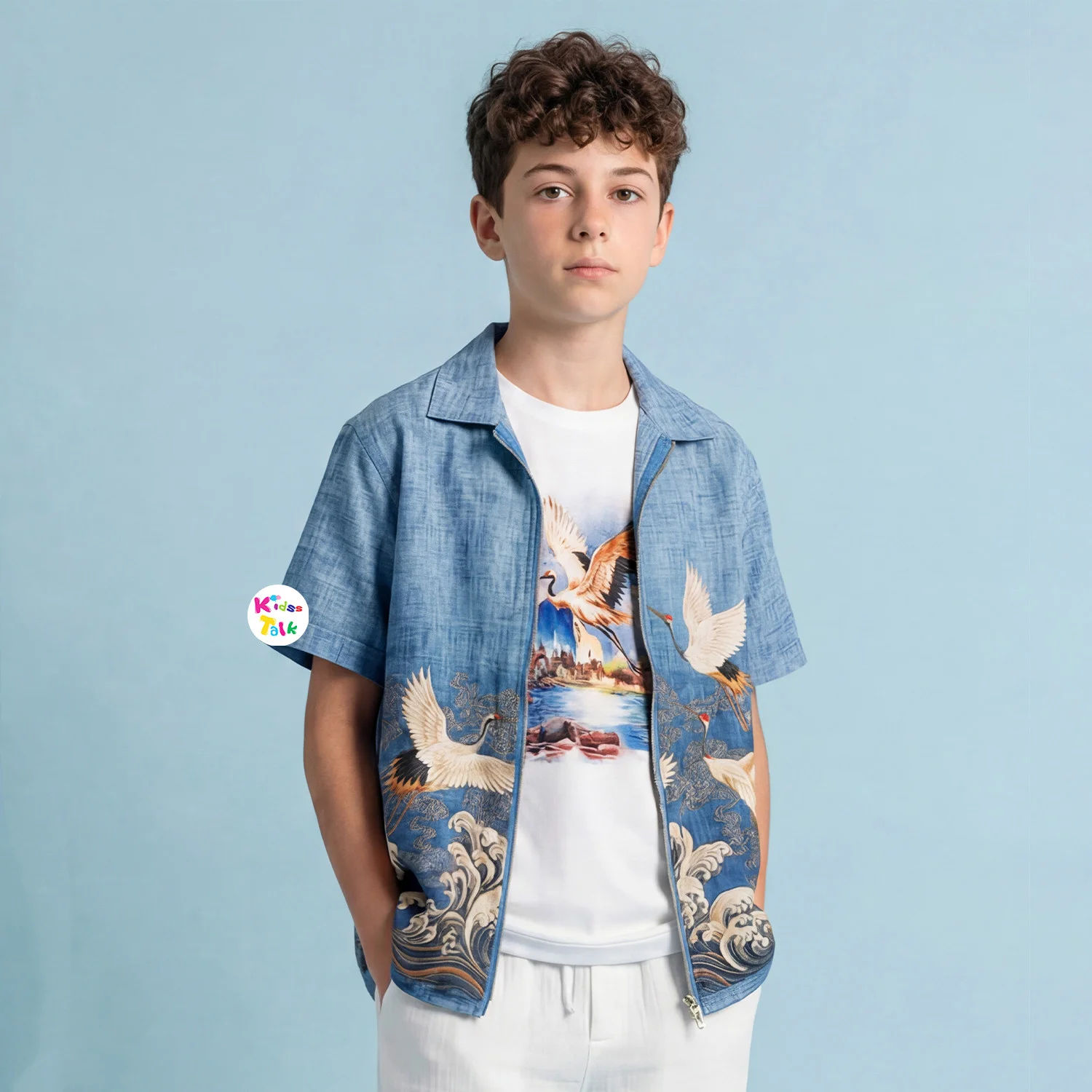 Denim Half Sleeve Jacket With Cute Animal Print - Denim Blue