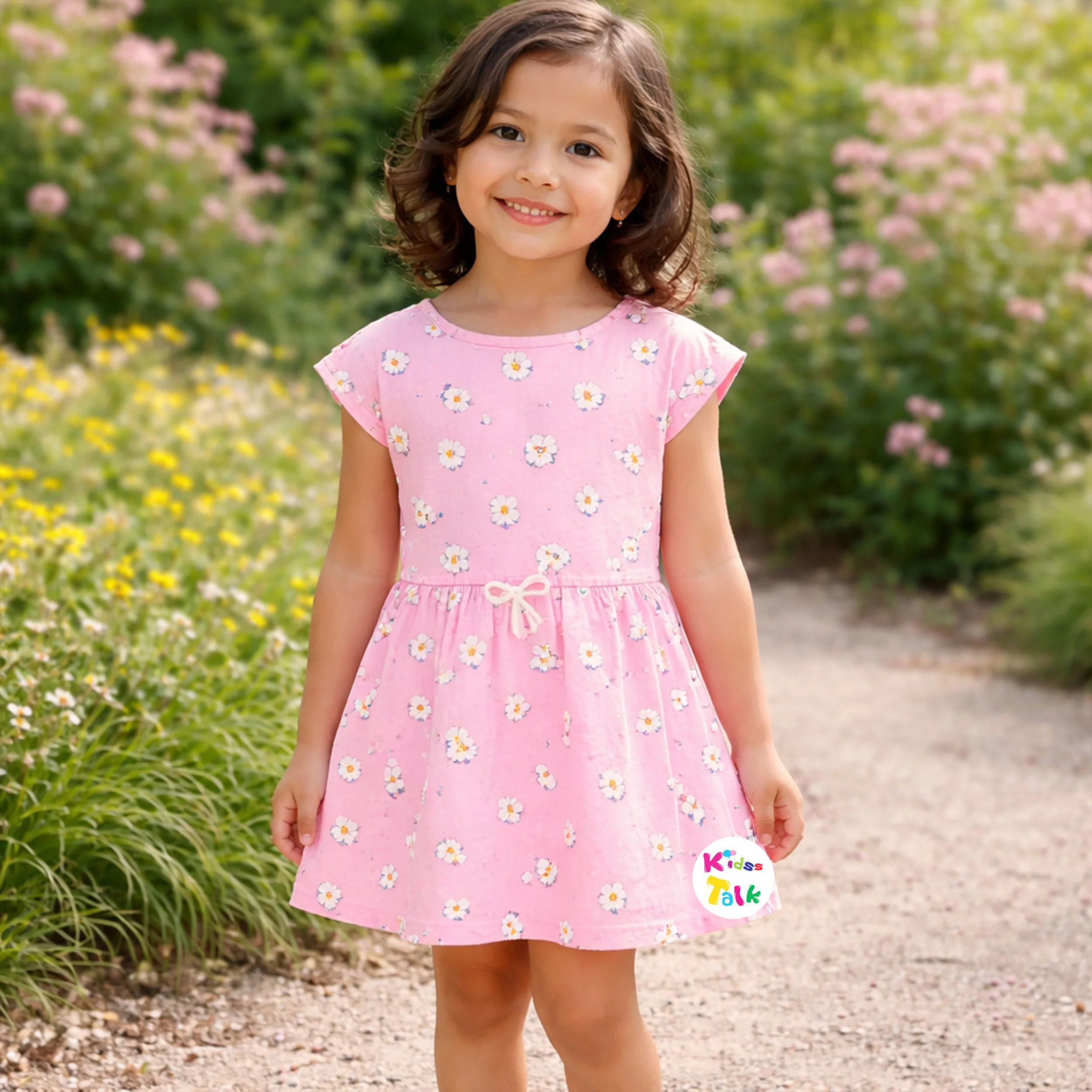 Cotton Knitted Sleeveless Printed Frock - Peach