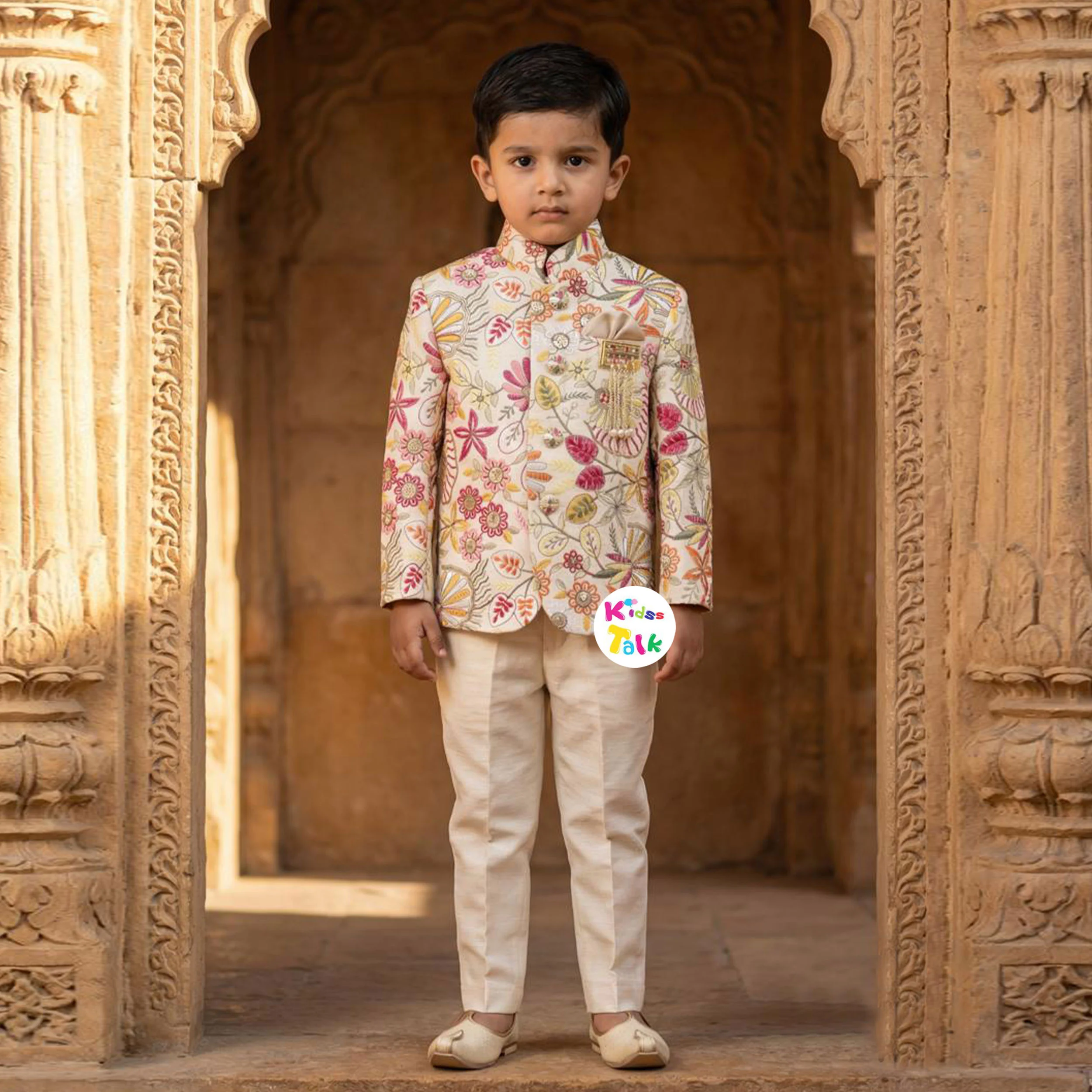 Royal Cotton Embroidered Full Sleeve Sherwani & Pjyama - Cream