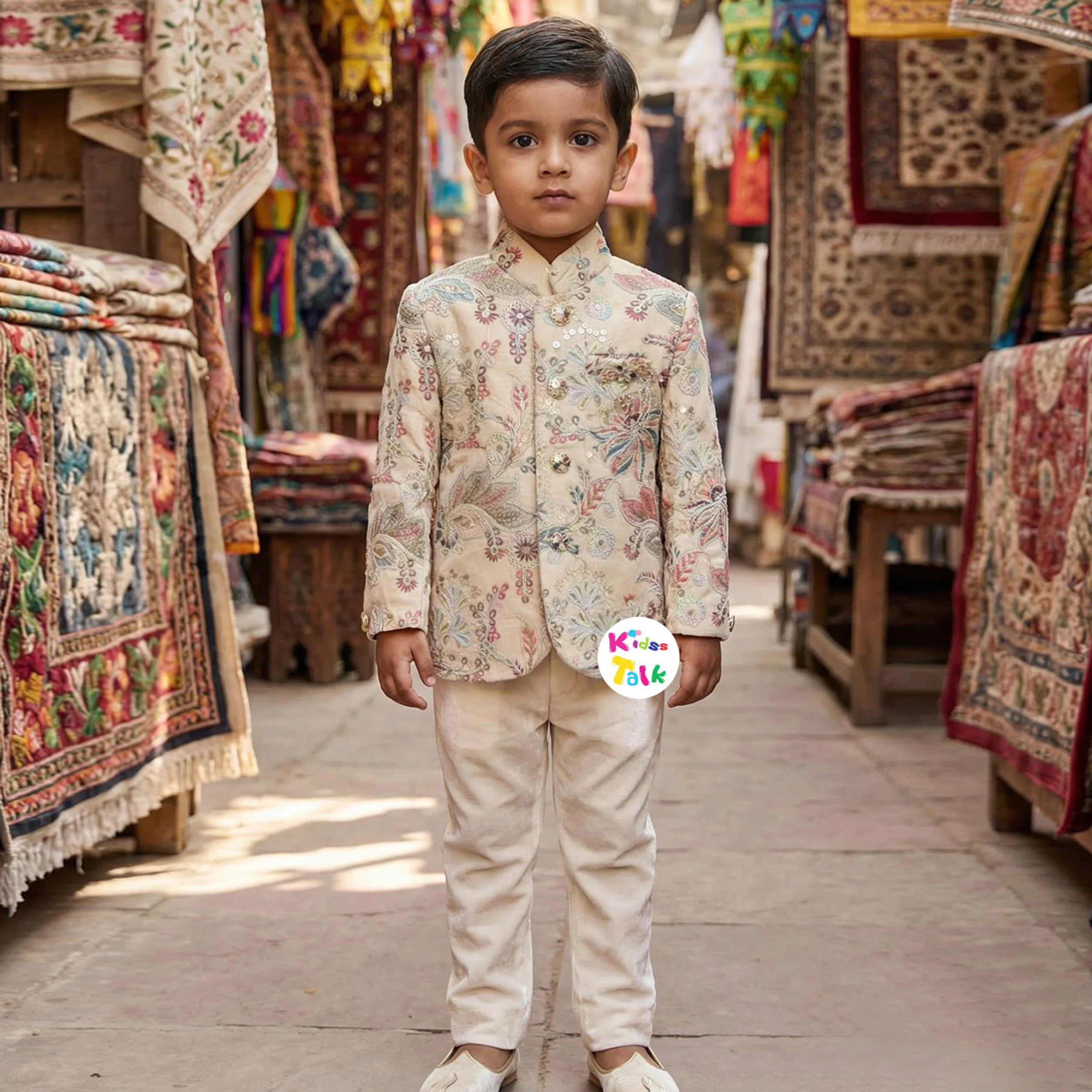 Royal Velvet Embroidered Full Sleeve Sherwani & Pjyama - Beige