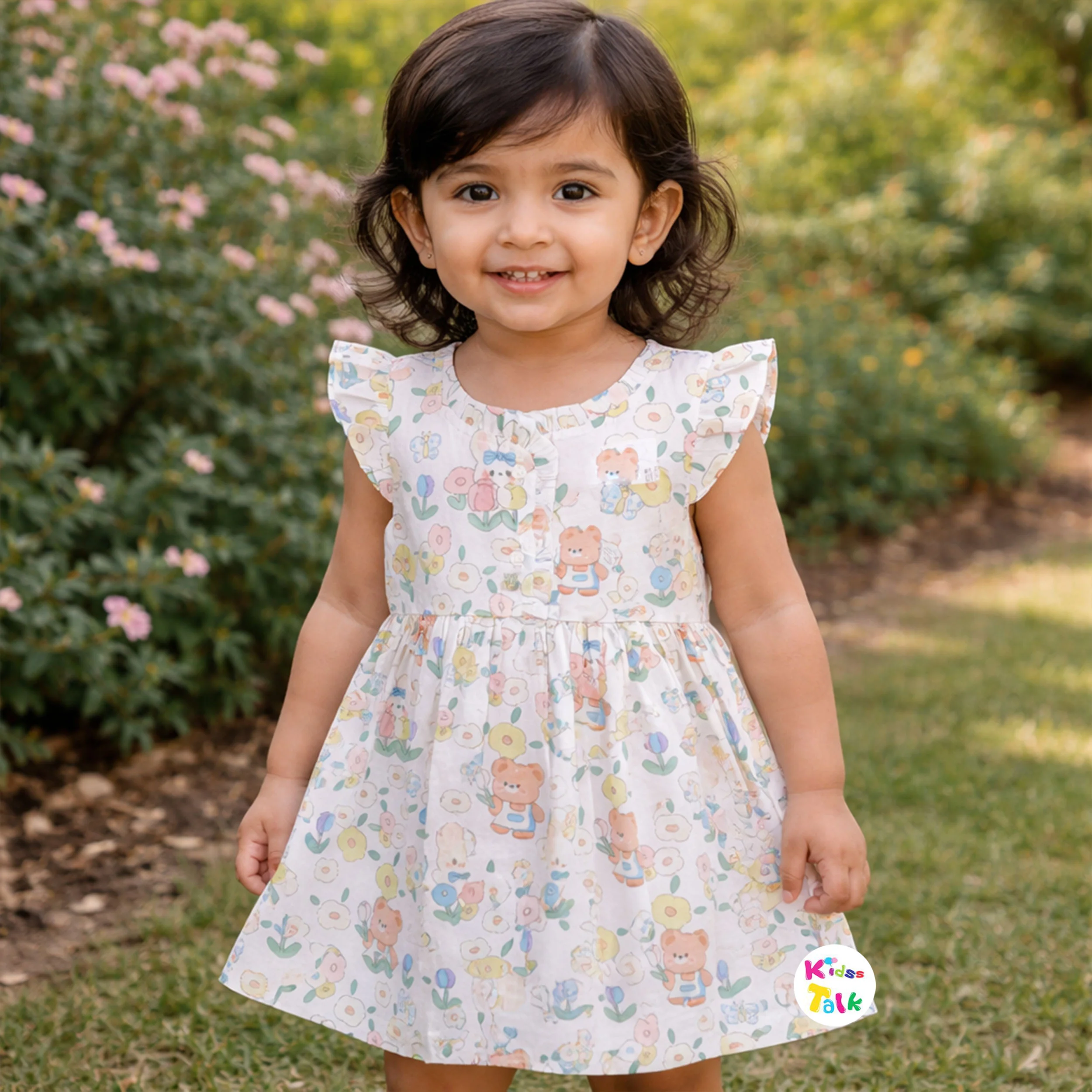 Cute Cotton Half Sleeve Printed Frock - White