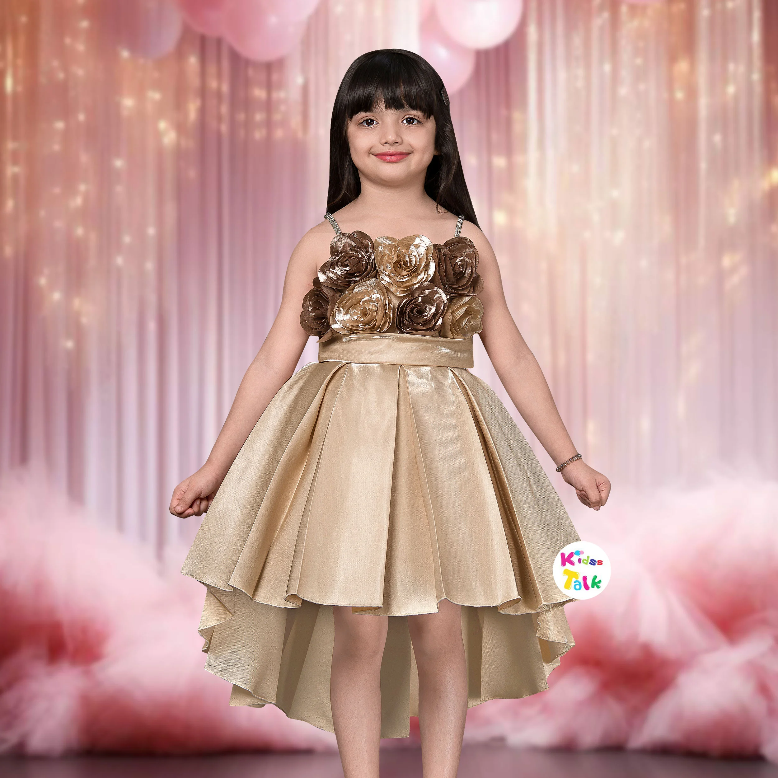 Satin Sleeveless Party Frock With Flower Applique - Golden