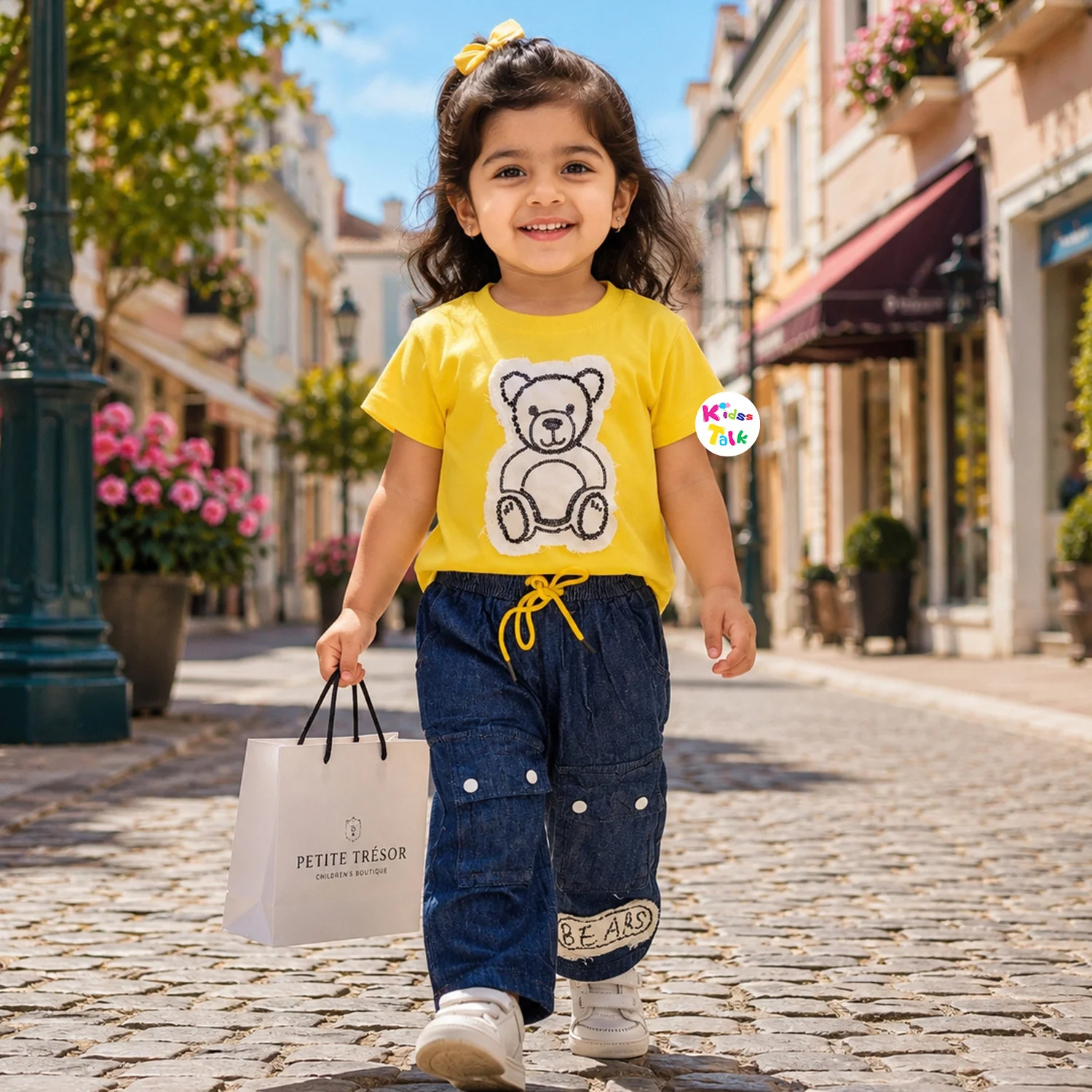 Cotton Half Sleeve Half Pant Set With Cute All Over Print & Patch Work - Yellow