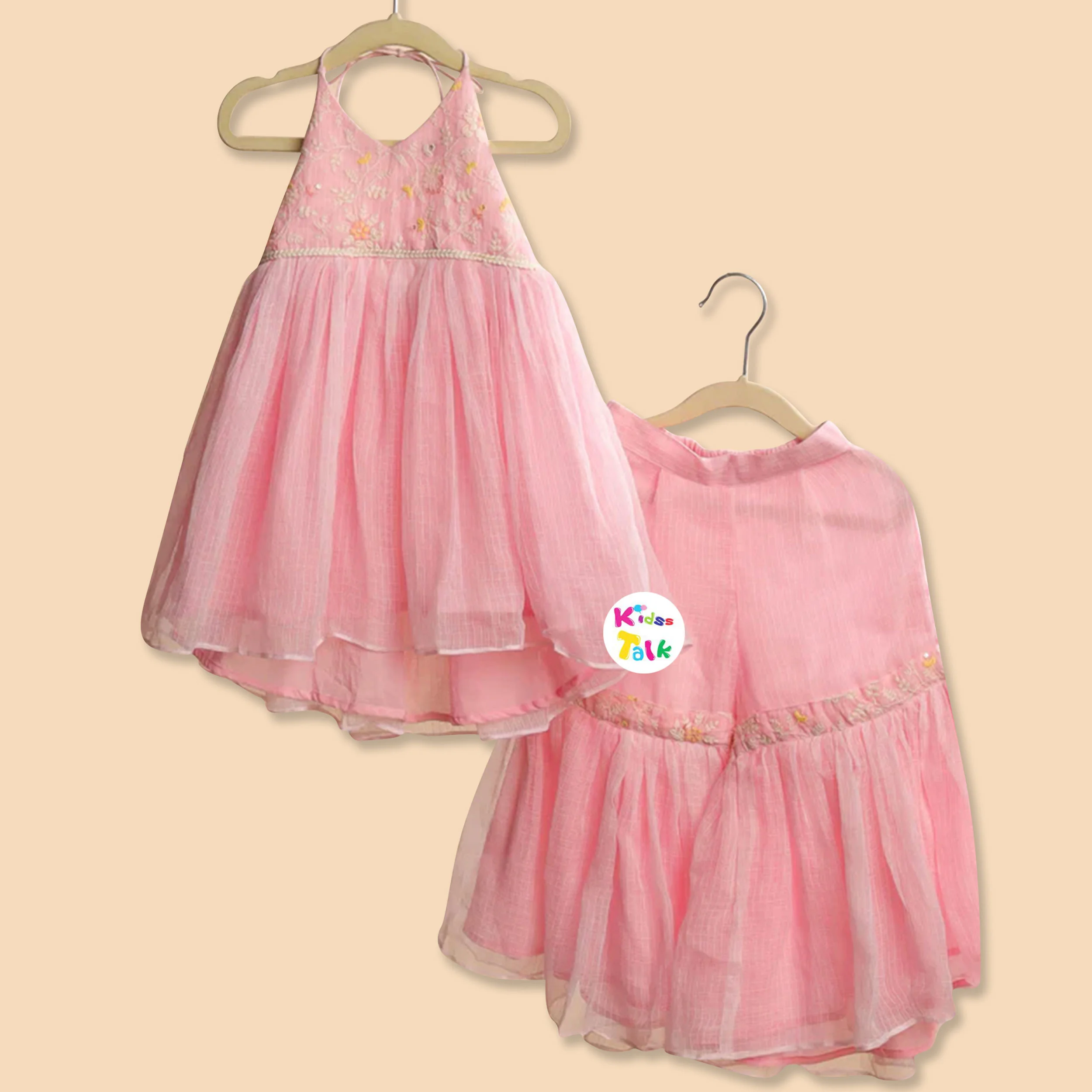 Cotton Sleeveless Embroidered Kurta With Sharara - Baby Pink